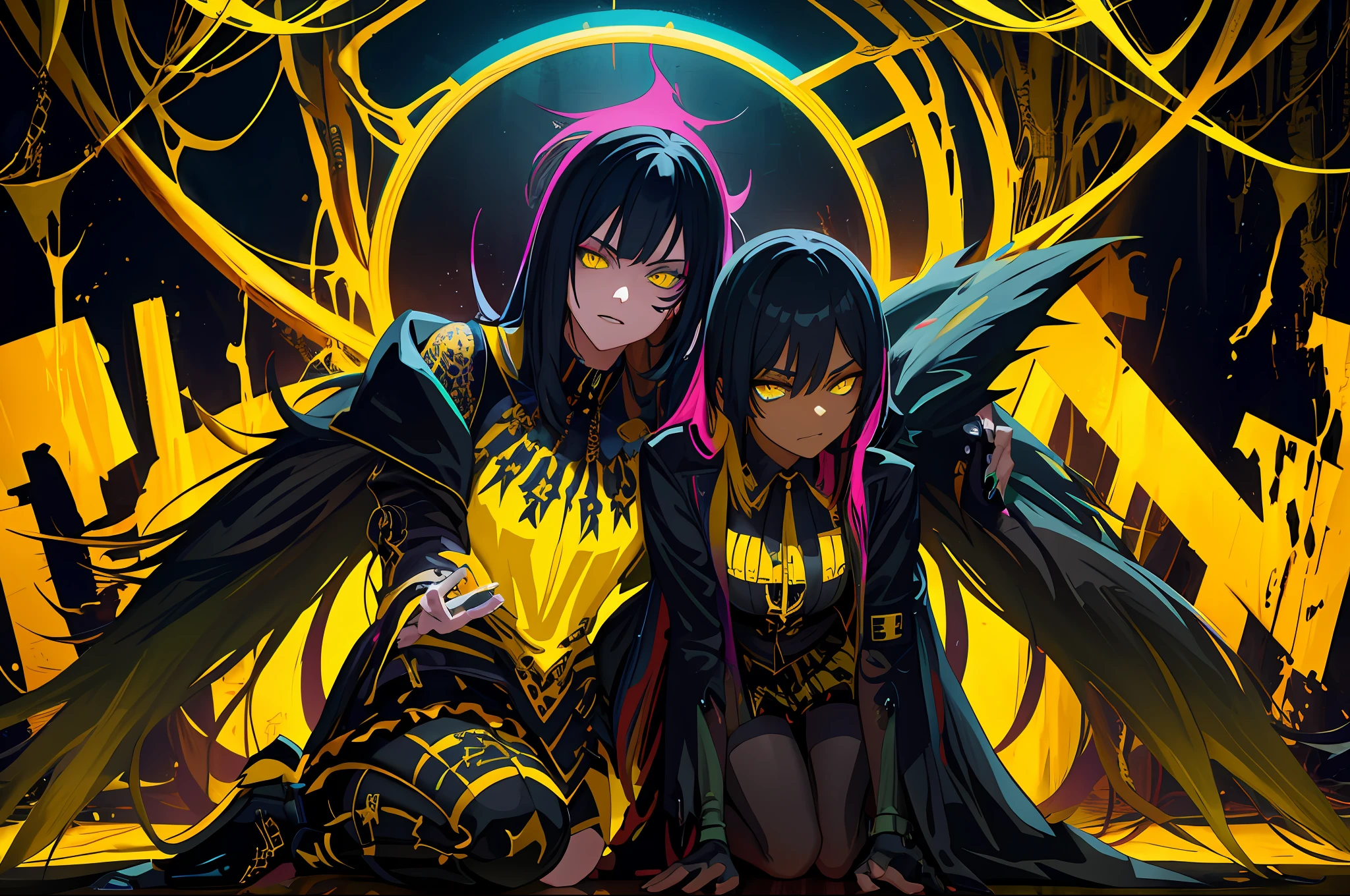 dark yellow and black, punk splash art, blacklight, ultra hd, Neo-Gothic, gothic, rich deep colors, masterpiece. intricate artwork, very coherent symmetrical artwork. cinematic, hyper realism, high detail, octane render, unreal engine, 8k, Vibrant colors, Smooth gradients, Mork Borg, Johan nohr style