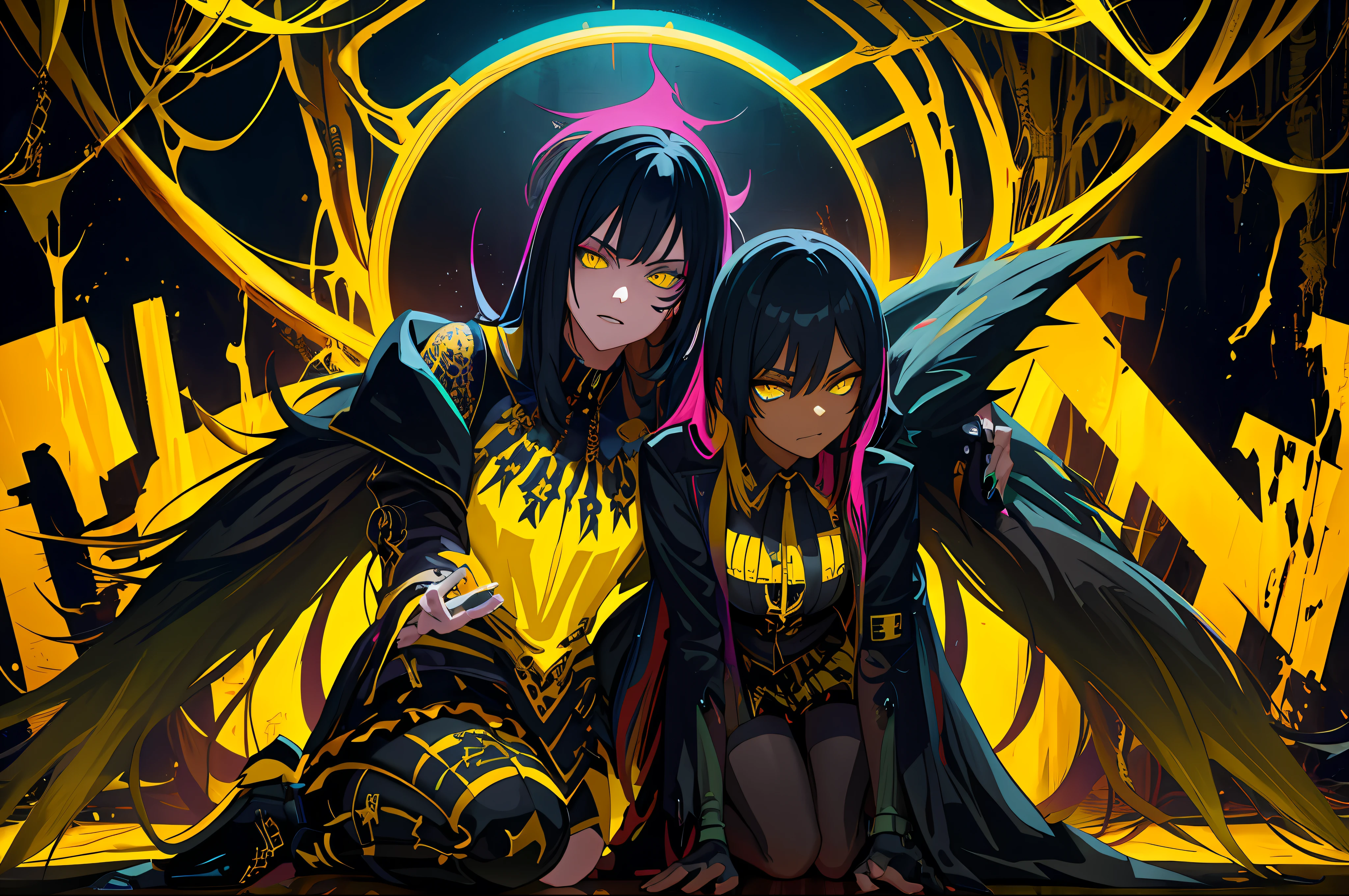 dark yellow and black, punk splash art, blacklight, ultra hd, Neo-Gothic, gothic, rich deep colors, masterpiece. intricate artwork, very coherent symmetrical artwork. cinematic, hyper realism, high detail, octane render, unreal engine, 8k, Vibrant colors, Smooth gradients, Mork Borg, Johan nohr style