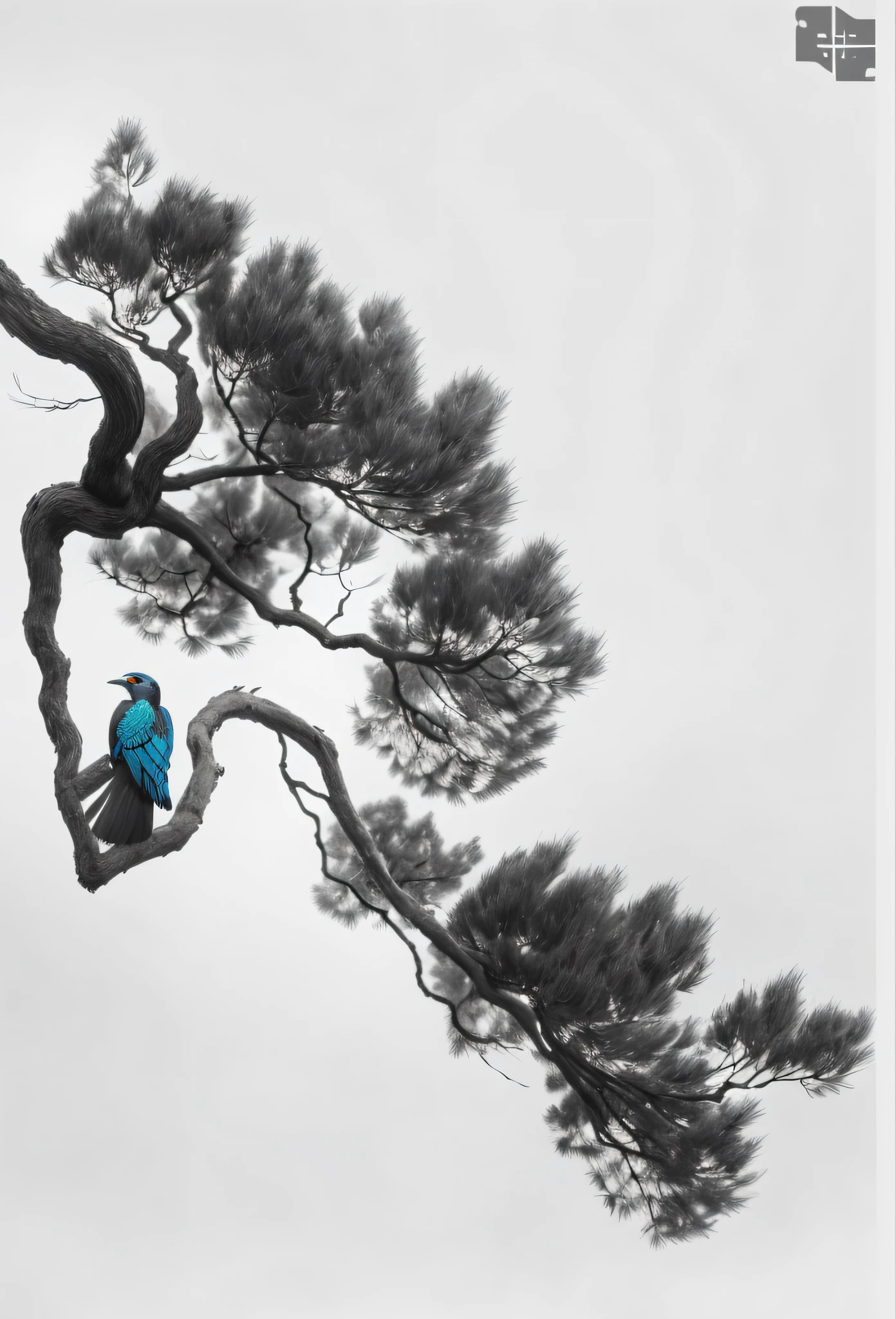 araffe sitting on a tree branch in a black and white photo, nicolas delort, blue arara, selective color effect, inspired by Koson Ohara, 3 0, birds and trees, inspired by Ohara Koson, tattoo of a california scrub jay, masami kurumada, beautiful photo, a surrealistic bird, 2 0, surrealistic bird