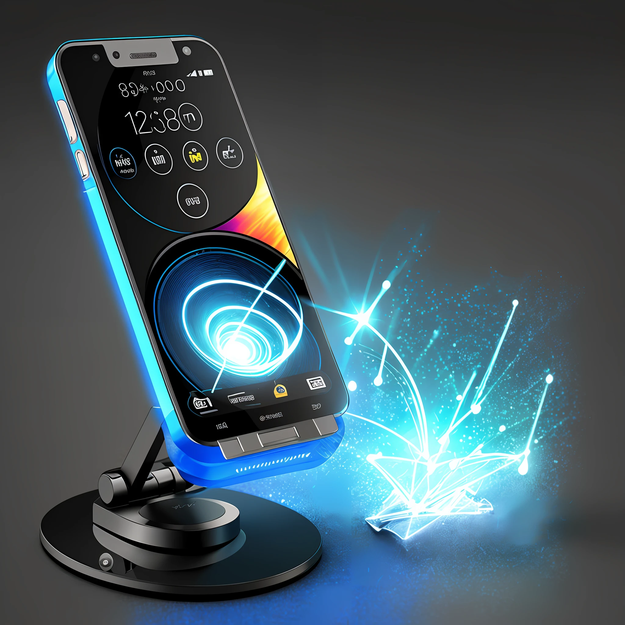 This main image shows a rotatable mobile phone holder that can be freely adjusted in angle and direction for different use scenarios. Using AI drawing technology, you can clearly display the rotation function of the bracket, while highlighting its flexibility and practicality, attracting the attention of consumers, using AI drawing technology, you can clearly display the various parts and functions of the bracket, while highlighting its scientific and technological design, attracting the attention of consumers, the background is also very advanced, best reflected in the home scene, with the corresponding product copywriting, 8k, bold: indicating the depiction of elements or color use bold. High quality product images, highly detailed product photos.