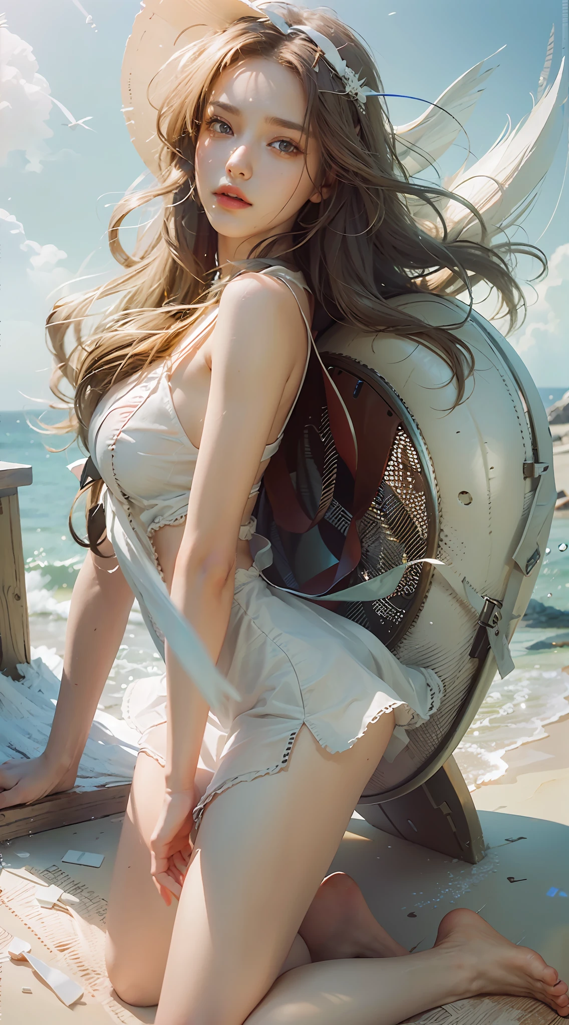 ((Best Quality)), ((Masterpiece)), (Details: 1.4), 3D, A Beautiful Kneeling Beauty (Light Brown Super Long Hair, Messy Hair: 1.9), (White Dress: 1.6) (Slippers: 1.3) (Black Pupil: 1.1), Two Long Legs, HDR (High Dynamic Range), Ray Tracing, NVIDIA RTX, Super-Resolution, Unreal 5, Subsurface Scattering, PBR Textures, Post Processing, Anisotropic filtering, depth of field, maximum sharpness and sharpness, multi-layer textures, albedo and specular mapping, surface shading, accurate simulation of light-material interactions, perfect proportions, Octane Render, bicolor light, large aperture, low ISO, white balance, rule of thirds, 8K RAW,