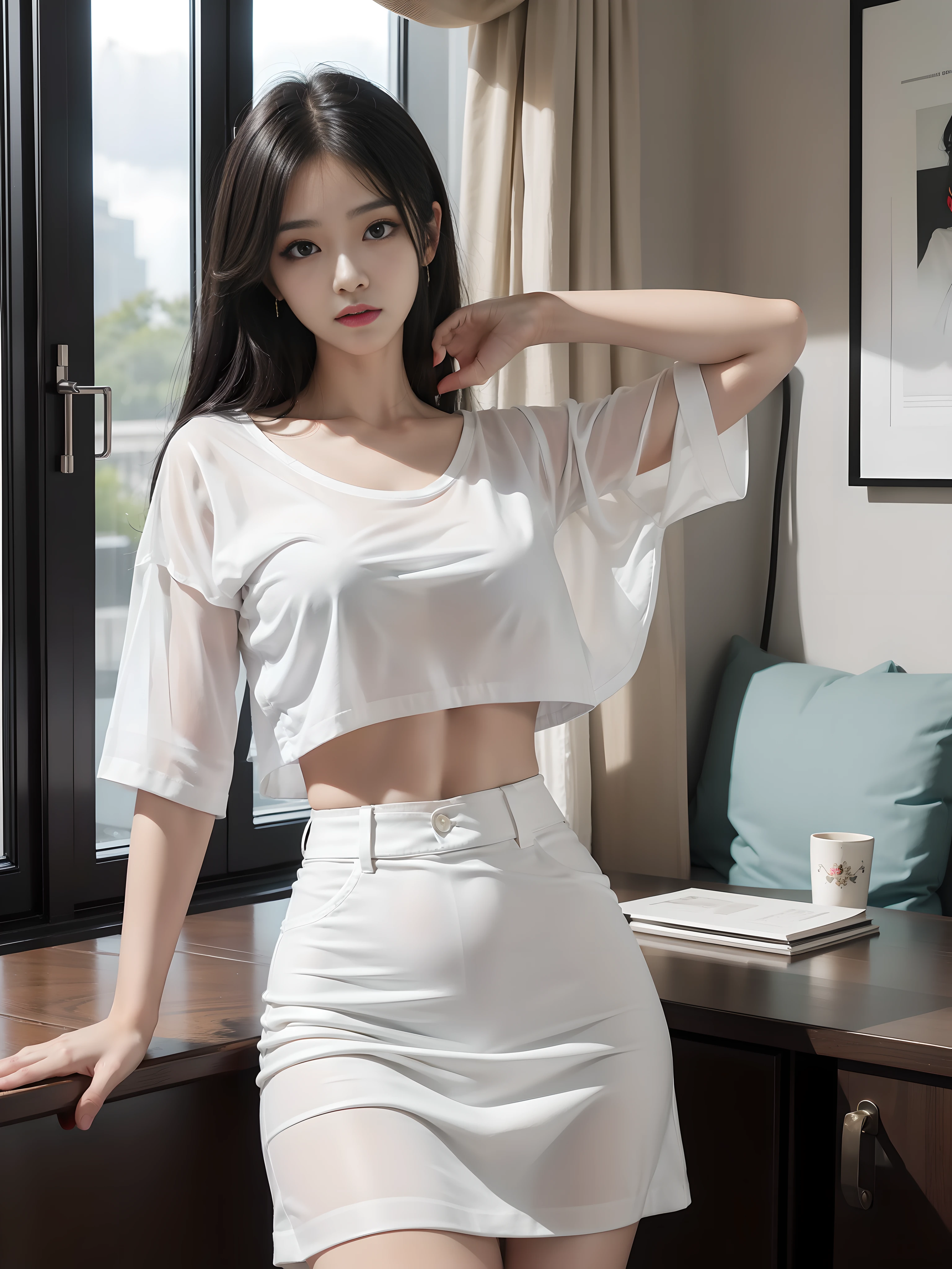 ((Masterpiece,raw photo)), best quality, highres, absurdres,realistic,1girl,cute, solo,age 23,Korean ,k pop,black hair, ((beautiful eyes)), detailed face, perfect eyes,white shirt, ((cut sleve shirt)),see through,black skirt,high waist skirt,big breasts, upper body, cowboy shot, indoor, looking at viewer, seducing eyes, waist,navel, shoulder torso,