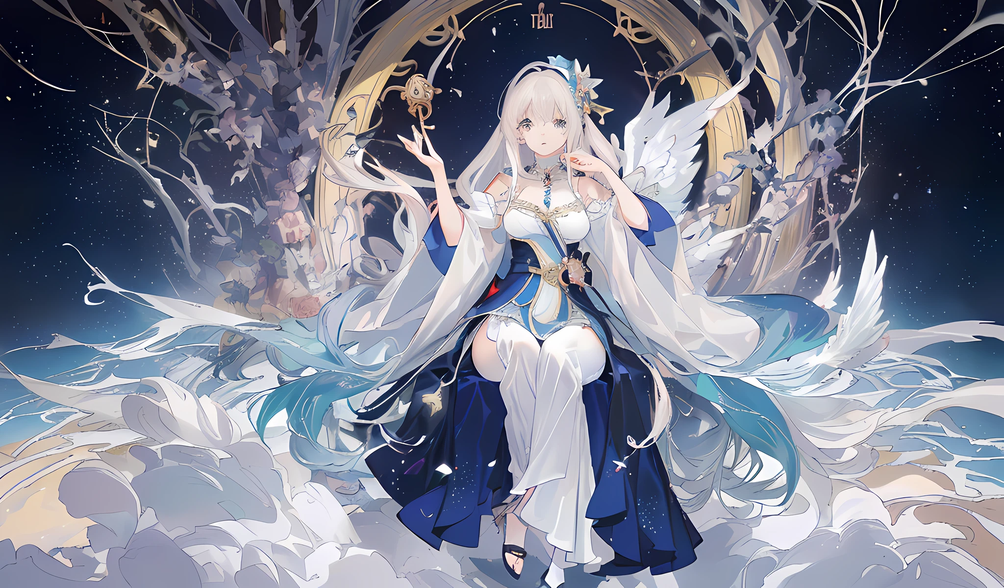 anime girl with long white hair and white dress holding a bird cage, detailed key anime art, high detailed official artwork, astral clockwork, ethereal anime, official artwork, goddess of time, atelier lulua, anime art nouveau cosmic display, anime key visual of elegant, ethereal fairytale, anime fantasy illustration, splash art anime loli, intricate ornate anime cgi style, kawacy