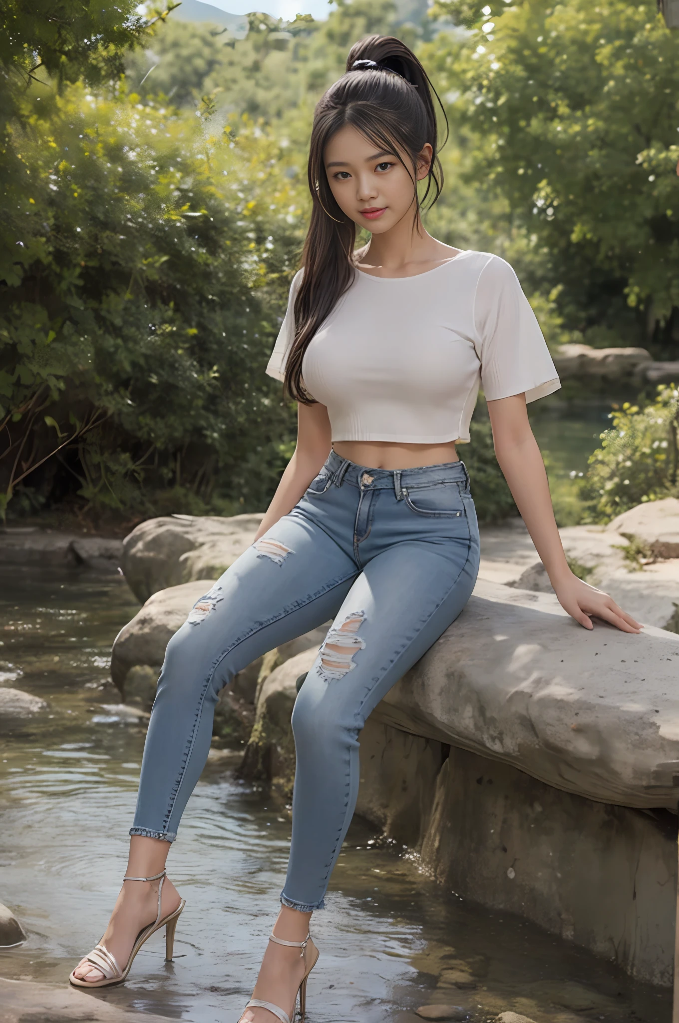 Realistic, photorealistic, 16k HD, masterpiece: 1.5, Focus: 1.8, Allard Asian woman in crop top tight long jeans and stylish sheer short sleeves, background: 1.5 (foot of the mountain, by the stream, dating), cute schoolgirl, slim and perfect figure, ( Stylish high ponytail hairstyle: 1.5), Japanese 18 year old girl wearing long tight jeans, wearing ripped skinny long jeans (low rise crop top, micro-flared, trousers: 1.5), (ripped : 0.6), (branded jeans: 1.5, realistically detailed jeans texture and stripes: 0.8, realistic detailed jeans graininess: 0.8), wearing fashion sheer tight short sleeves (brand: 1.5, slim, realistic clothing texture: 1.5, sheerness: 1.5, revealing breasts and areola: 1.5), wearing stiletto heel sandals (delicate stiletto heels crystal band sandals, High quality: 1.2), surreal schoolgirl, dress up as schoolgirl, surreal schoolgirl, realistic schoolgirl, walking, schoolgirl pose, model pose, sitting dating, shooting full body ((full body: 1.8)), beautiful skin, glowing skin, slim beautiful thighs, perfect thighs, perfect calves, white and tender toes, beautiful breasts: 1.5, beautiful breasts: 1.5, beautiful buttocks: 1.5, best quality, white skin, real skin, (detail face), goose egg face, Pores, Ultra High Resolution, (8k, RAW photo, photorealistic:1.4), 1girl, slim, (smile, teeth and tongue: 1.2, look at the viewer with a serene goddess of eyes happiness: 1.2), ( lip gloss, eyelashes, glossy face, best quality, super high resolution, wide lighting, natural shadows), sitting, dating, shooting full body: 1.8 --auto --s2