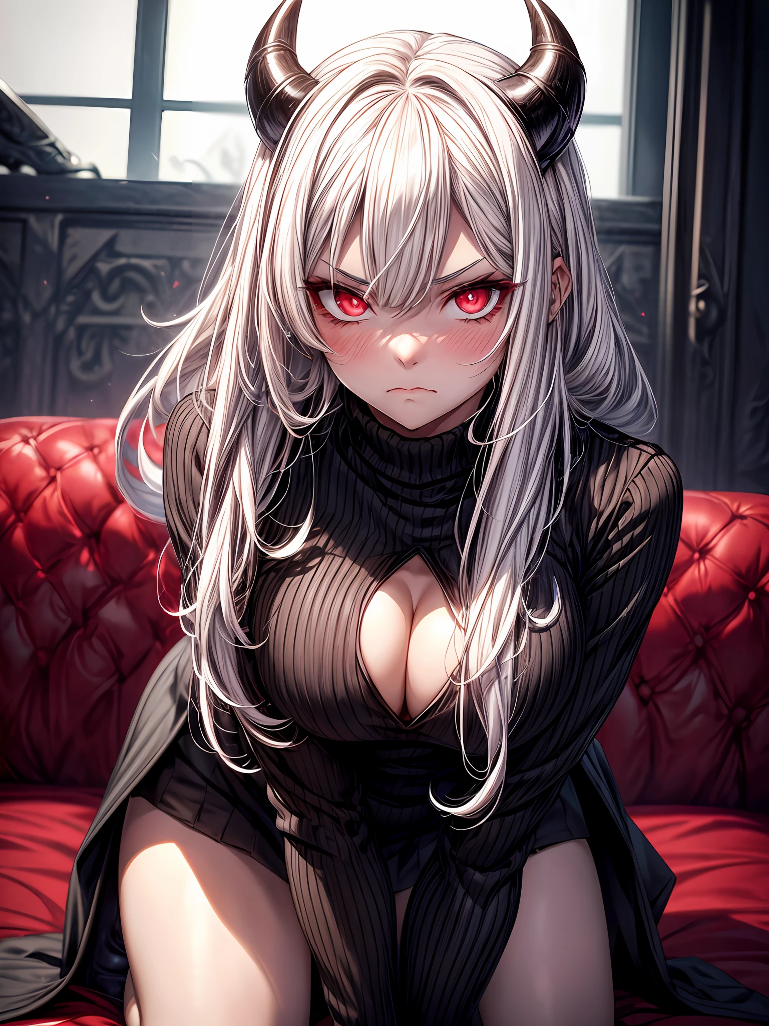 1girl, upper body, modeus(helltaker), white hair, medium hair, black horns, red eyes, symbol-shaped pupils, heart-shaped pupils, black suit, long sleeves, ribbed sweater, turtleneck, embarrassed, blush, open mouth,((all fours))