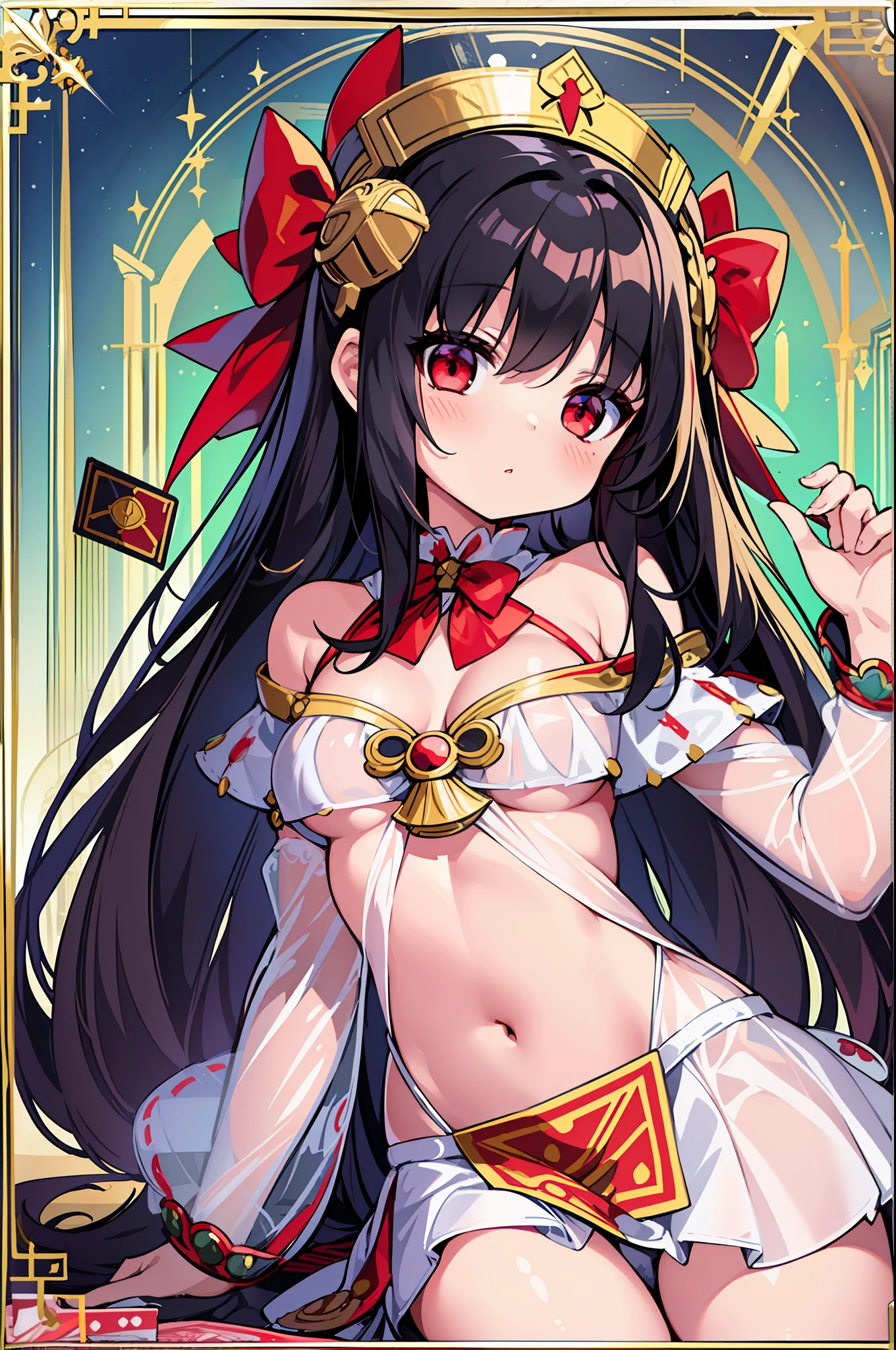 (MASTERPIECE), (Best Quality), (Ultra Detail), Official Art, One Girl, Black Haired Loli, Petite  Girl, Priestess Loli, White and Red and Gold See-Through Dress, Off Shoulder, Small, Small, Small, Cleavage, Underboob, Thigh Focus, Navel, Card Illustration, Shrine