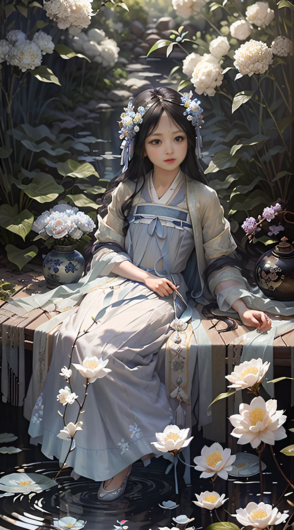 (Positive Focus), (In the Dark: 1 Girl), Surrealist Female Portraits by David Hockney and Alphonse Mucha, Fantasy Art, Photo Realism, Dynamic Lighting, Art Station, Poster, Volumetric Lighting, Very Detailed Faces, 4k Wallpaper, Award-Won, , 1 Girl, Blue Hanfu, Tulle Coat, Smile Emoji, Long Black Hair, Light Blue Fringed Hair Ornament, White Ribbon, White Flower Bush, Large White Flowers, Light Blue Small Flowers, Light Blue Butterflies Flying, Ancient Chinese Garden, Sitting by the Pond, Picking Flowers, red carp, hazy mist, bamboo in background, small bamboo, dramatic composition, movie lighting effects,