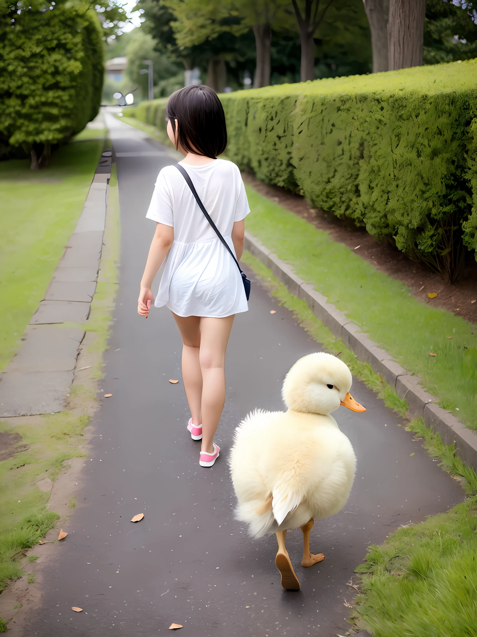 A cute anime duckling who looks like a girl walking with her back in the picture