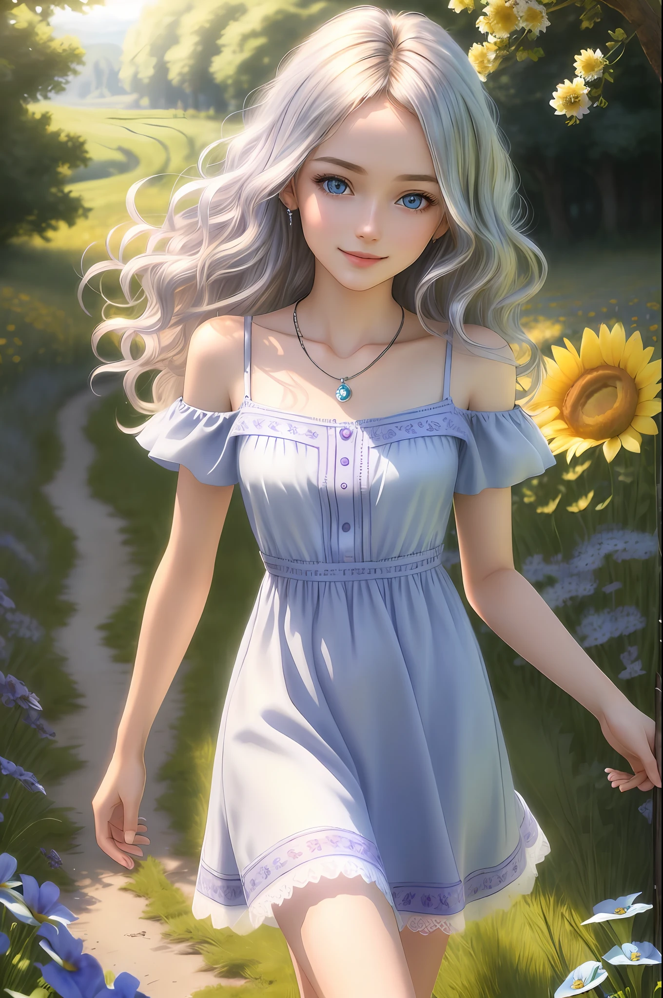 masterpiece, best quality, realistic, real, temptation light smile,best quality, beautiful european (young 1girl), (detailed cute face+eyes), aqua iris, detailed wavy blonde medium hair, real hair movement, simple purple dress, simple silver necklace, walking on blooming meadow, sunny day, cinematic lighting, photorealistic, sharp focus, wide angle, pov face
