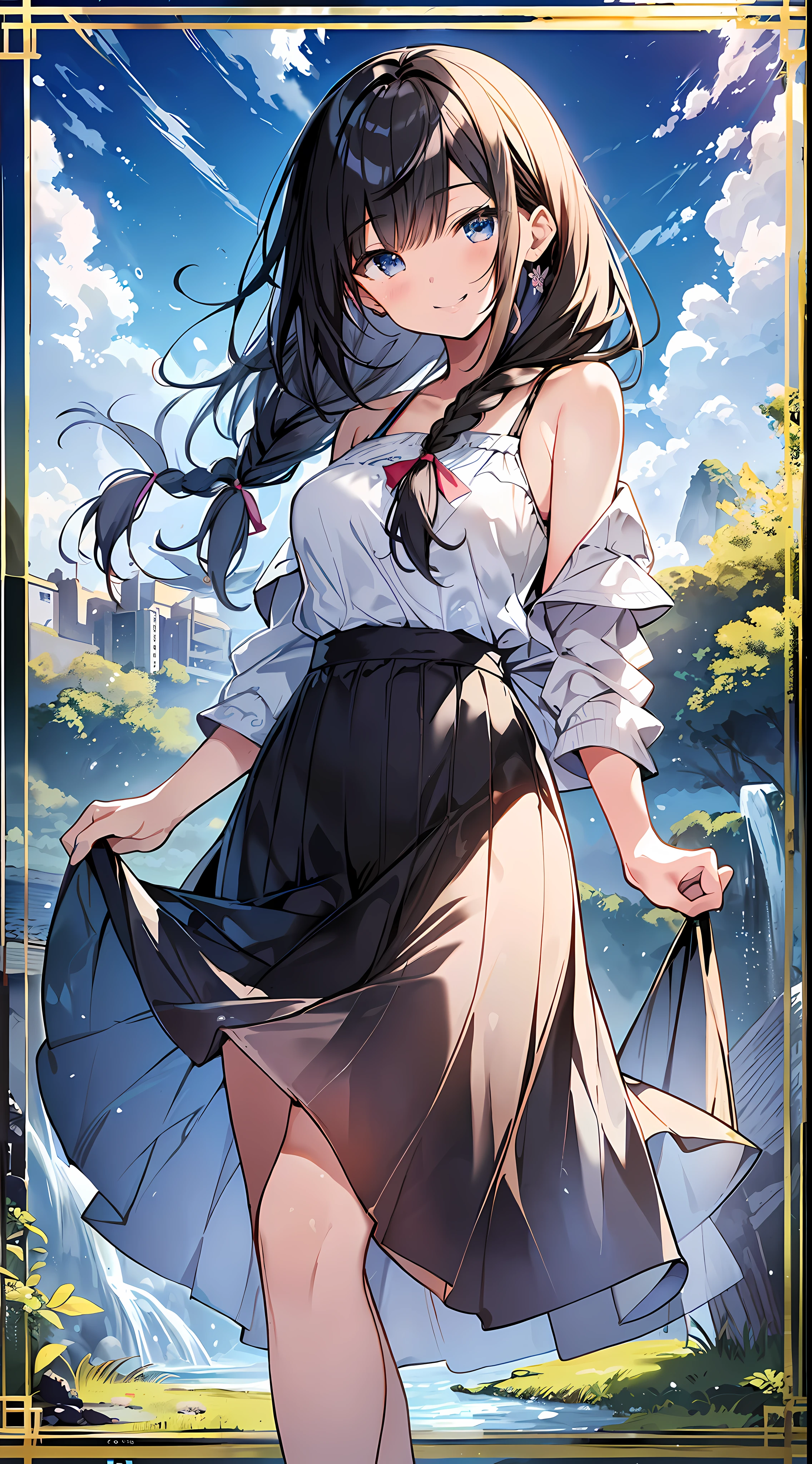 Top Quality, Masterpiece, Ultra High Definition, 8K, Summer Sky, Early Summer, (Maxi Skirt, Sheer Knit, Sneakers), Shojo Manga Style Loli, One, Soft Line Art, Digital Enhancement, Shojo Manga Touch, Shojo Manga Core, Flowing Fabric, Close Up, (Shoulder Length and Short Braid)), Wet Hair, Staring at us from the front, Soft Drawing, Beautiful Black Hair, Clear eyes, (((teasing smile)), ultra-detailed digital anime art, clear face depiction, ultra-detailed shoujo manga character art, ultra-detailed manga style, top quality colors, hand gestures, landscape with nature, looking up at the sky, angle that can see up to your feet
