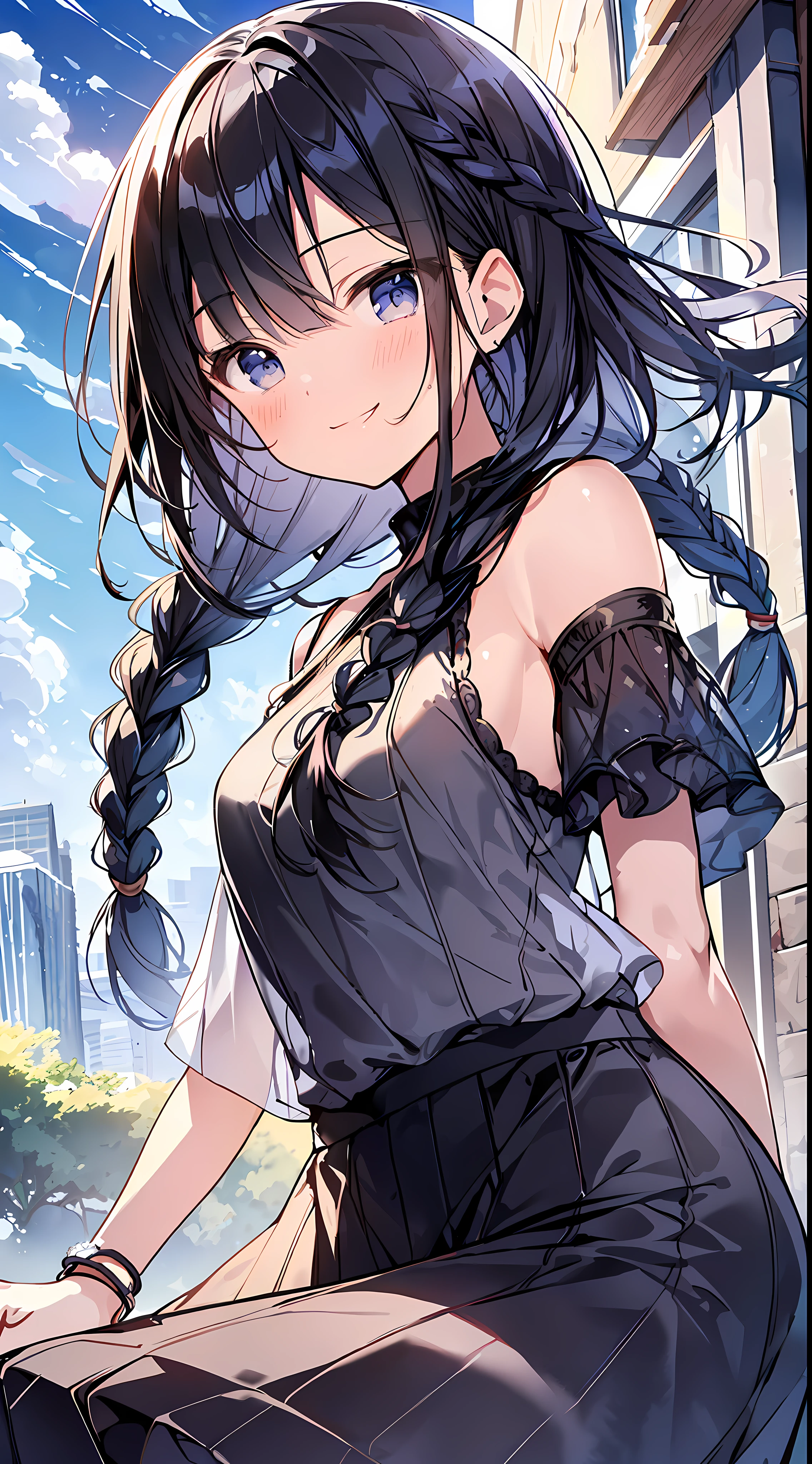 Top Quality, Masterpiece, Ultra High Definition, 8K, Summer Sky, Early Summer, (Maxi Skirt, Sheer Knit, Sneakers), Shojo Manga Style , One, Soft Line Art, Digital Enhancement, Shojo Manga Touch, Shojo Manga Core, Flowing Fabric, Close Up, (Shoulder Length and Short Braid)), Wet Hair, Staring at us from the front, Soft Drawing, Beautiful Black Hair, Clear eyes, (((teasing smile)), ultra-detailed digital anime art, clear face depiction, ultra-detailed shoujo manga character art, ultra-detailed manga style, top quality colors, hand gestures, landscape with nature, looking up at the sky, angle that can see up to your feet