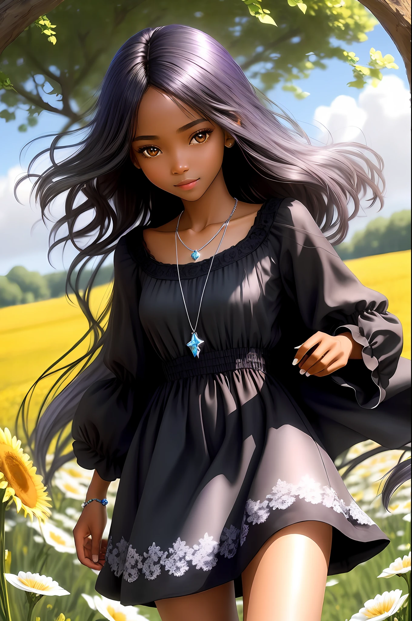 masterpiece, best quality, realistic, real, temptation light smile, best quality, beautiful black (young 1girl), (detailed cute face+eyes), aqua iris, detailed long black medium hair, real hair movement, simple purple dress, simple silver necklace, walking on blooming meadow, sunny day, cinematic lighting, photorealistic, sharp focus, wide angle, pov face