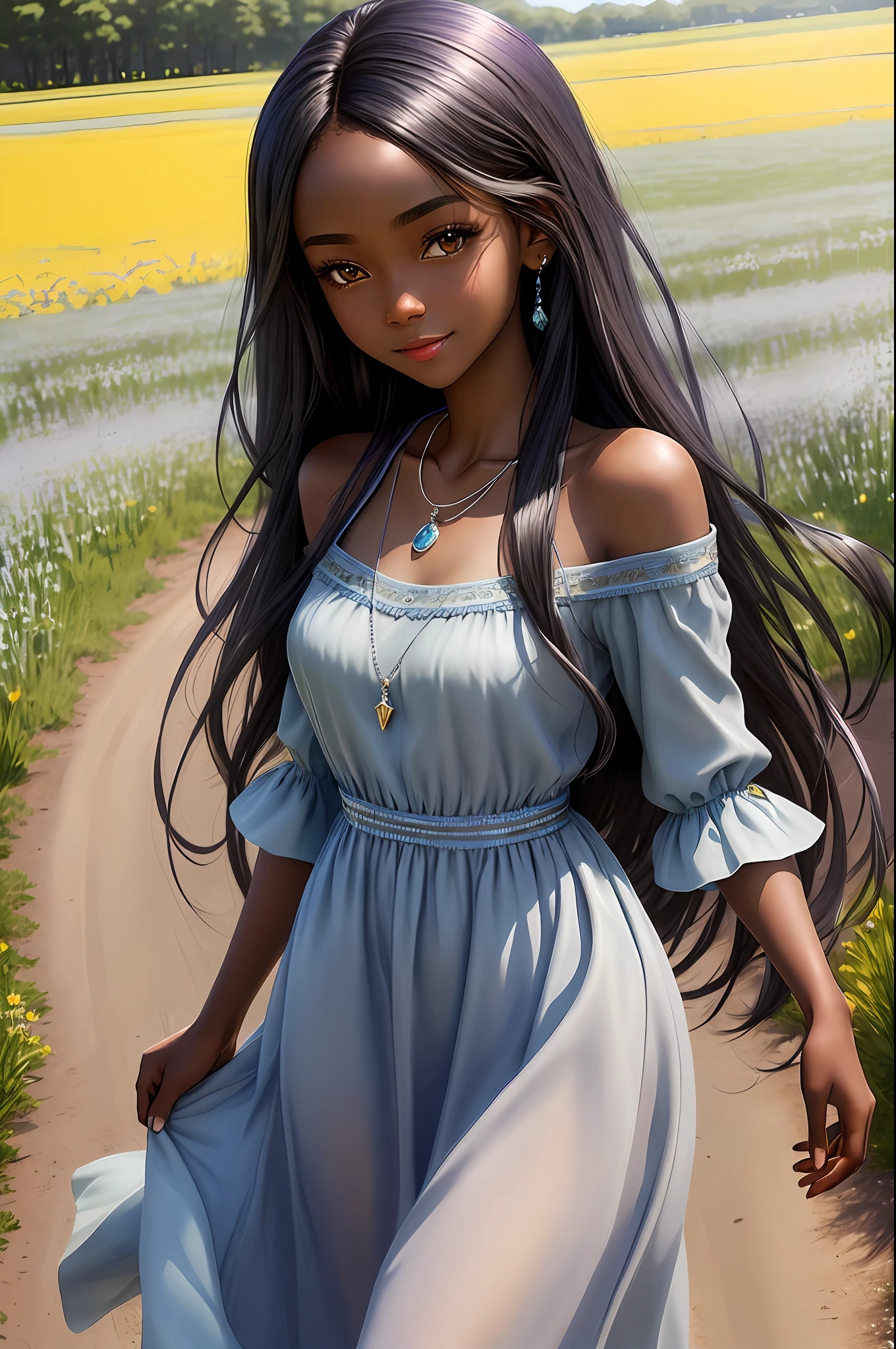 masterpiece, best quality, realistic, real, temptation light smile, best quality, beautiful black (young 1girl), (detailed cute face+eyes), aqua iris, detailed long black medium hair, real hair movement, simple purple dress, simple silver necklace, walking on blooming meadow, sunny day, cinematic lighting, photorealistic, sharp focus, wide angle, pov face