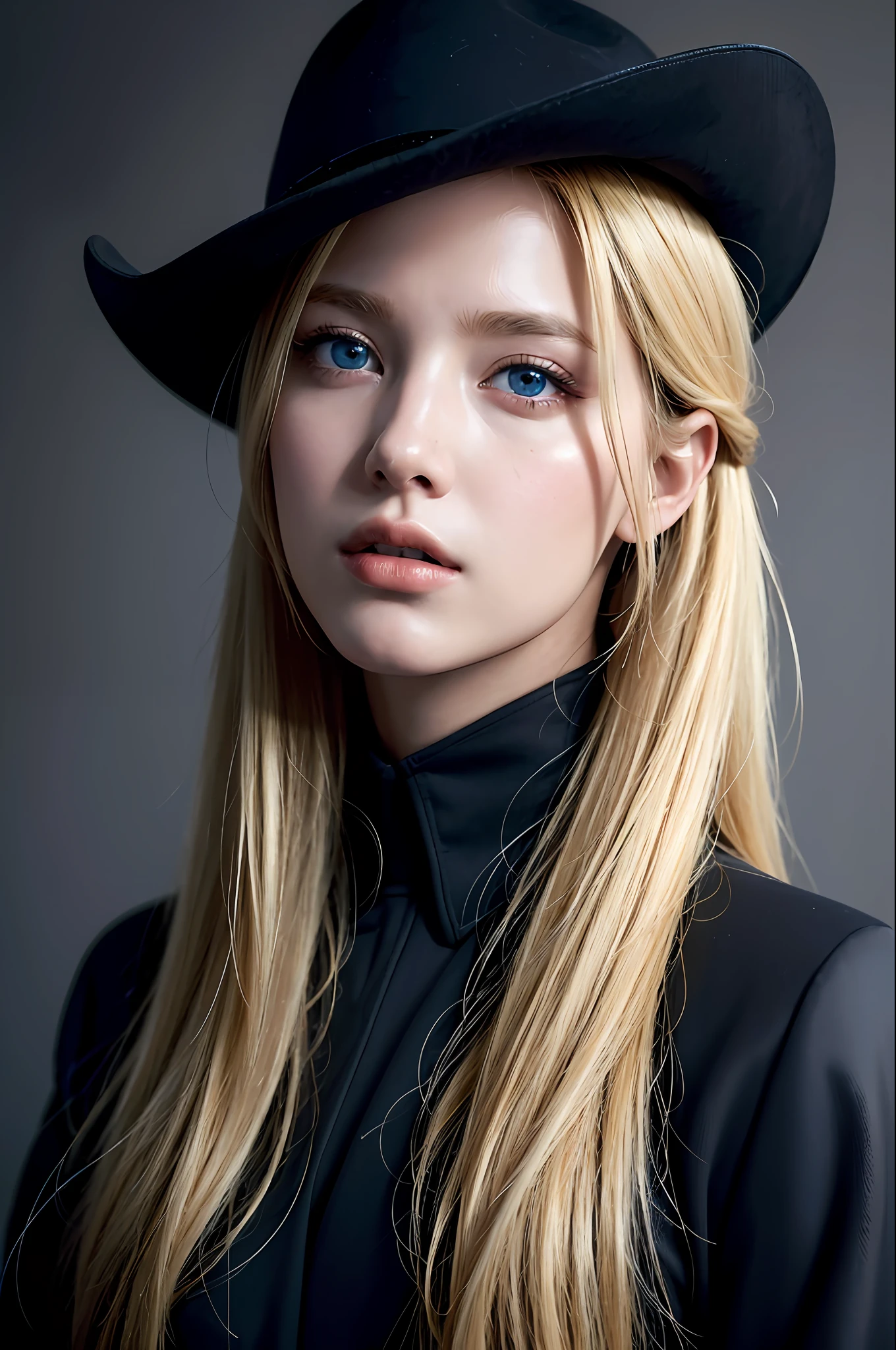 Best quality, masterpiece, ultra high res, (photorealistic:1.4), raw photo, 1girl, blonde hair, blue eyes, detailed eyes and face, black suit, dynamic lighting, in the dark, deep shadow, low key, cowboy shot full-lenght body