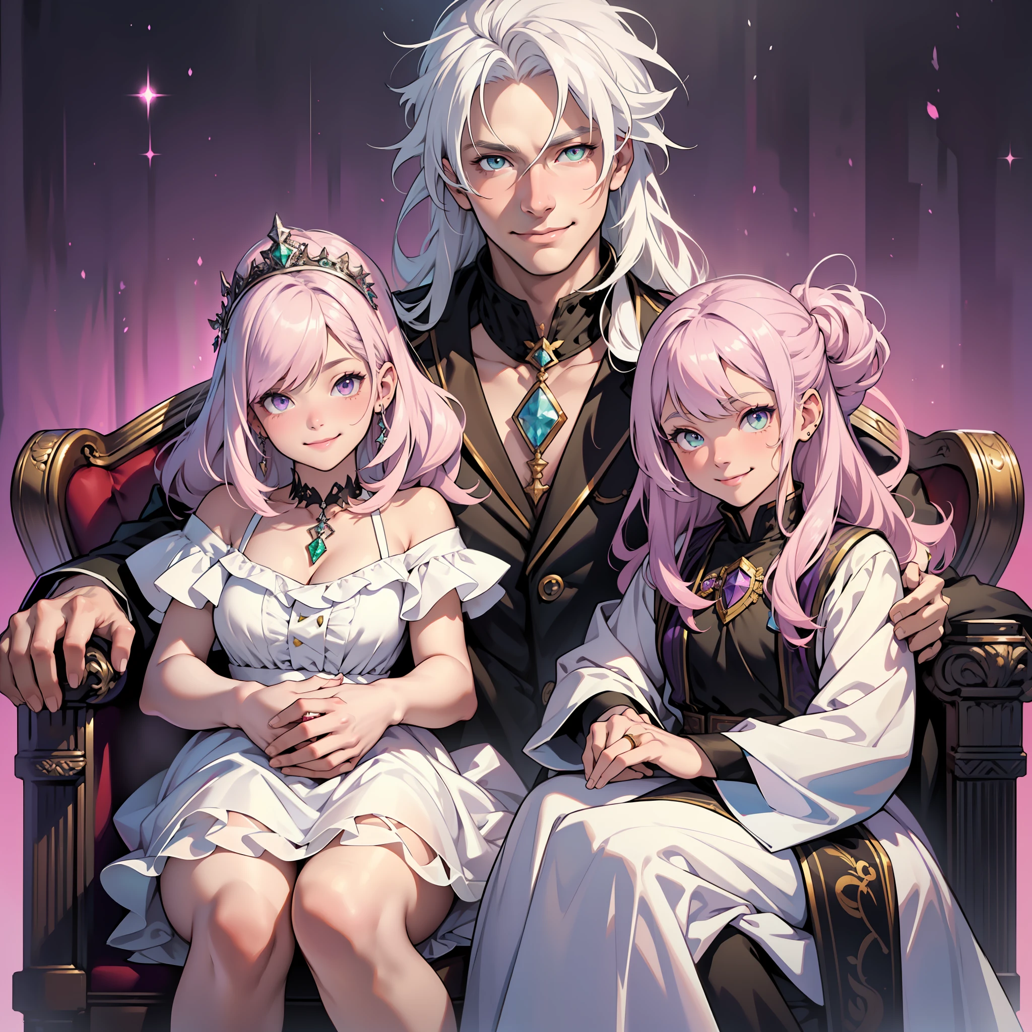 ((realistic: 1.5)),((best quality)), ((masterpiece)),((detailed)),((man, young, white hair, short white hair color, bright purple eyes, smiling,)) embraced his family, ((woman, pink hair, green eyes, luminous, sweet smile, big breasts, sexy)) next to his daughter ((, girl, long hair, white hair, small, white dress, innocent look, sweet smile)), on king's throne