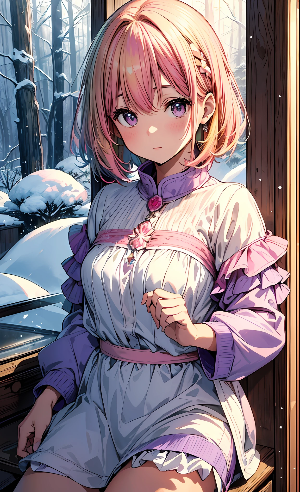 (Masterpiece, Top Quality, Best Quality, Official Art, Beautiful and Aesthetic: 1.2), (Hinoki Cypress Wood Box resembles glass case, with field of snow image),sitting cute saxeblue underwear girl with (((Blonde and Pink Hair), Purple Clear Eyes,Layered Bob)), on the (crystal shellfish:1.2)