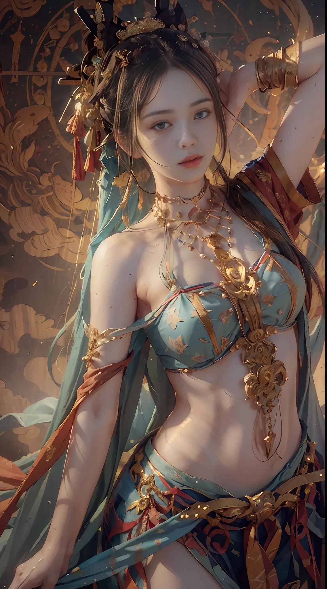 (RAW photo, best quality), (realistic, photo-realistic:1.3),best quality,highly detailed,masterpiece,ultra-detailed,illustration,1girl,upper_body,dynamic angle,world masterpiece theater,messy_long_hair,best quality,extremely detailed CG unity 8k wallpaper,ink,Amazing,cinematic lighting,lens_flare,,dunhuang_style