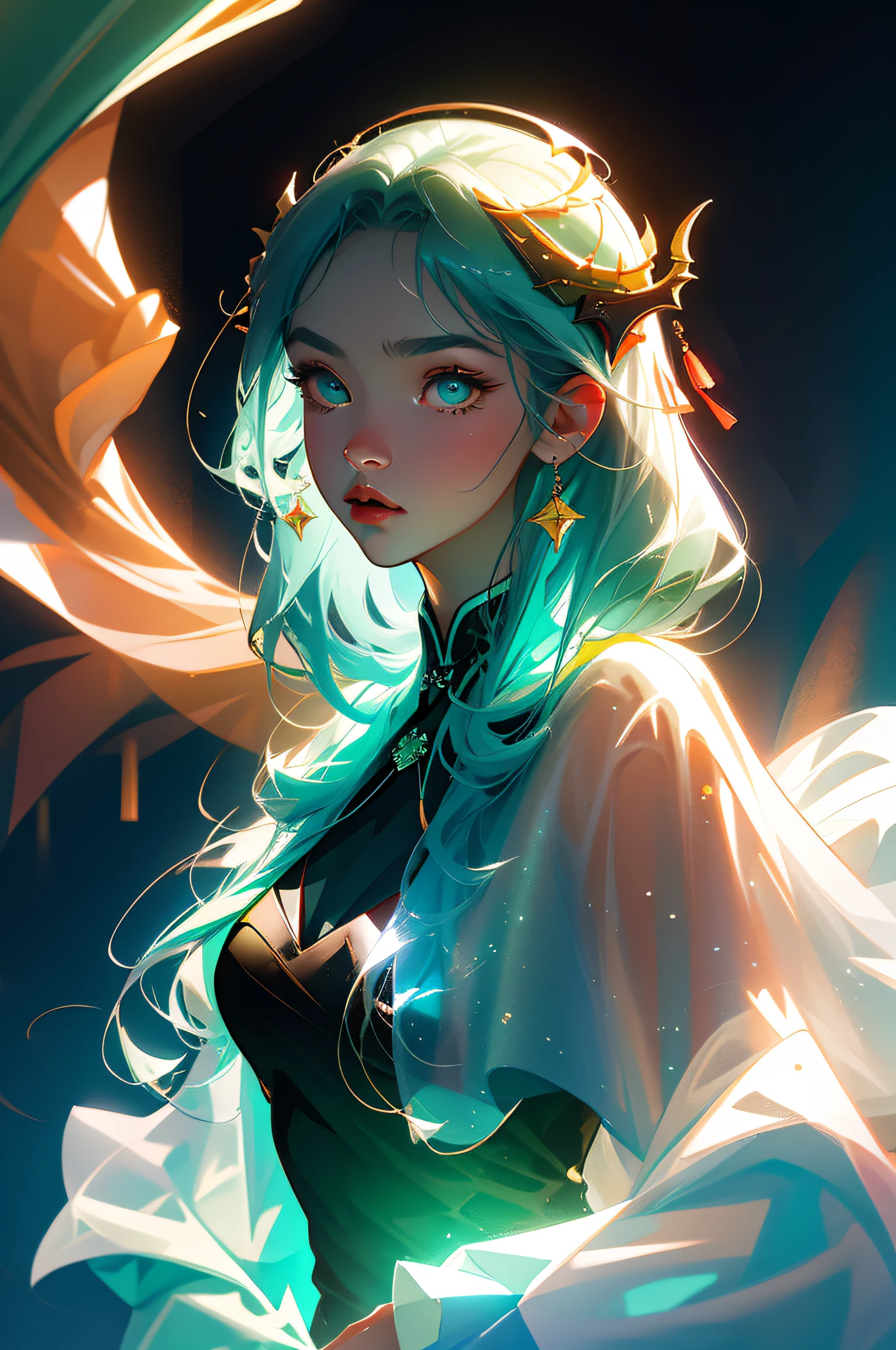 Perfect masterpiece, highest quality, 8K HD wallpaper, upper body lens, (front portrait: 1.5), delicate face, close-up of face, woman (blue green dragon: 1.2), strange glowing transparent eyes, magic transparent eyes, star eyes, cyan blue long hair, (dragon horn swear: 1.5), holographic phantom Chinese dragon background, digital art, flat illustration, color illustration, minimalist style.