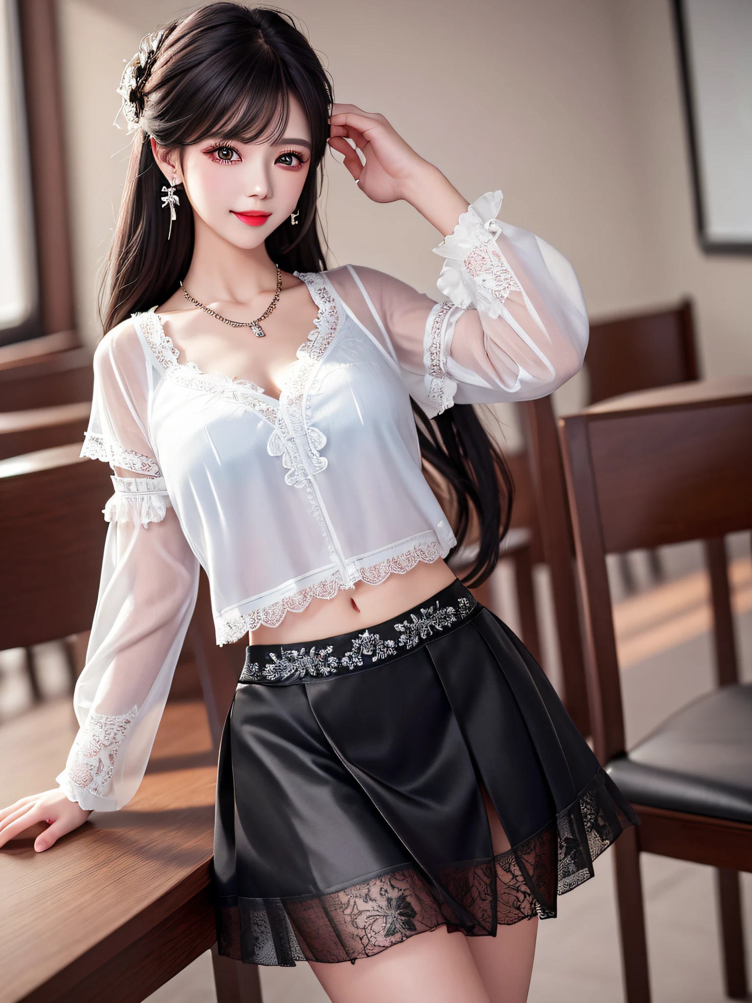 Female teacher in classroom, necklace (think held on the wall), earrings, full body v6, long gray hair, ((white sheer blouse, black lace mini flared skirt)), look, superb, ultra high definition, RAW photography, realism 1.25), (bright lip gloss, long eyelashes, smooth) face, bright skin, natural shadows, wide light, wide light, depth of field, strong colors, subtle caustics: 0.8), smile, (big), v6) ((skirt up))) (black lace underwear