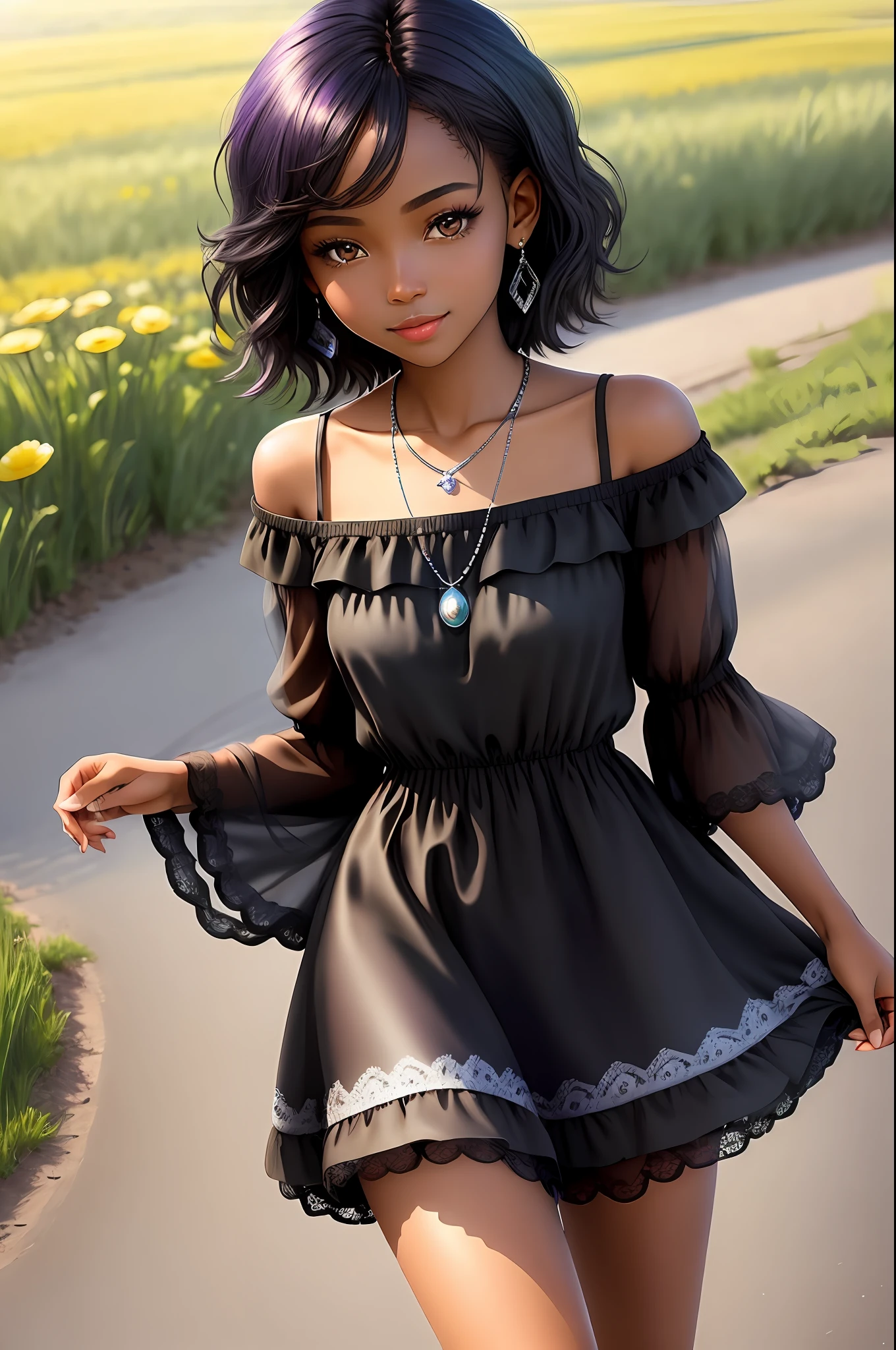 masterpiece, best quality, realistic, real, temptation light smile, best quality, beautiful black (young 1girl), (detailed cute face+eyes), aqua iris, detailed short black medium hair, real hair movement, simple purple dress, simple silver necklace, walking on blooming meadow, sunny day, cinematic lighting, photorealistic, sharp focus, wide angle, pov face