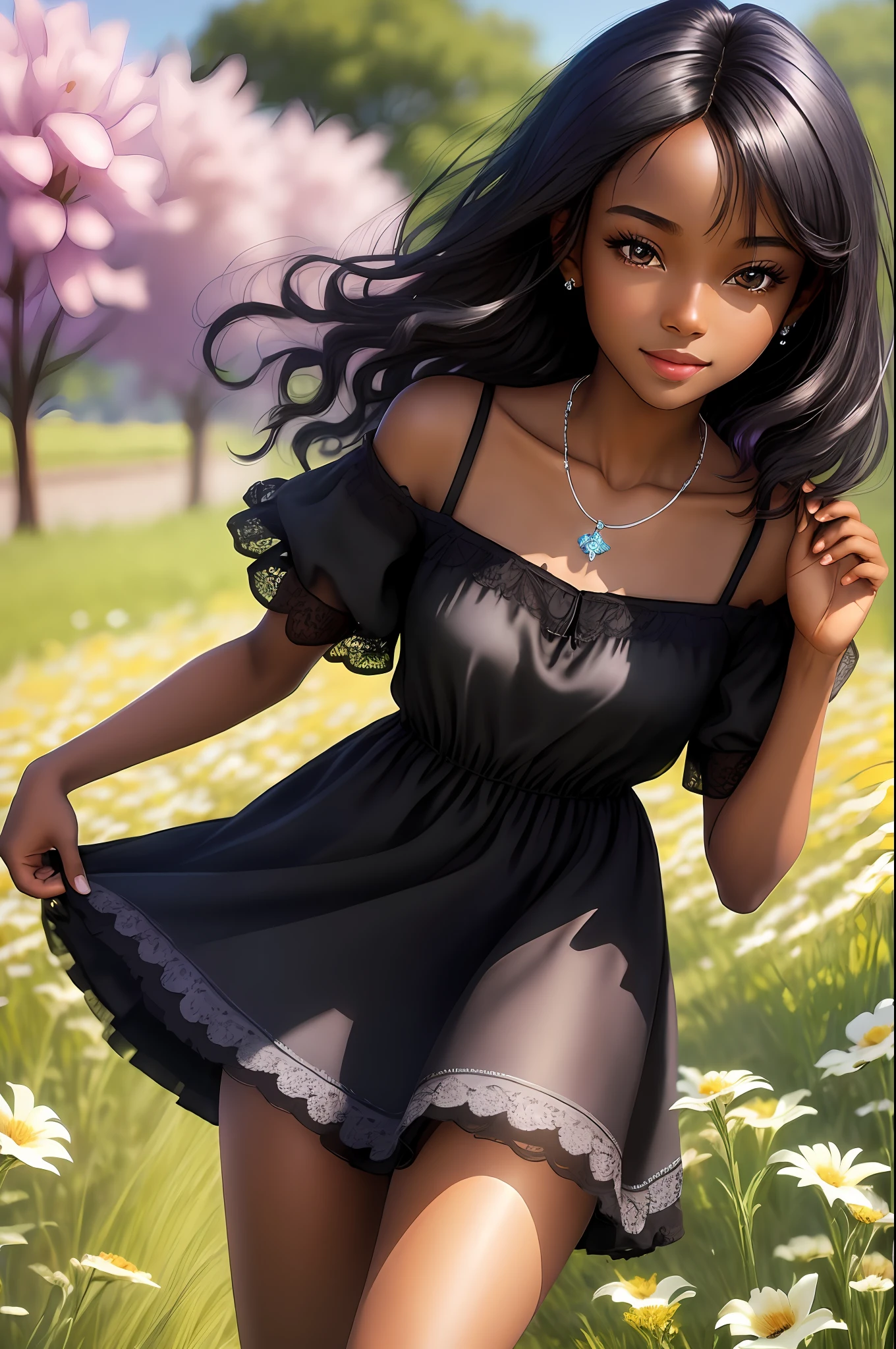 masterpiece, best quality, realistic, real, temptation light smile, best quality, beautiful black (young 1girl), (detailed cute face+eyes), aqua iris, detailed short black medium hair, real hair movement, simple purple dress, simple silver necklace, walking on blooming meadow, sunny day, cinematic lighting, photorealistic, sharp focus, wide angle, pov face