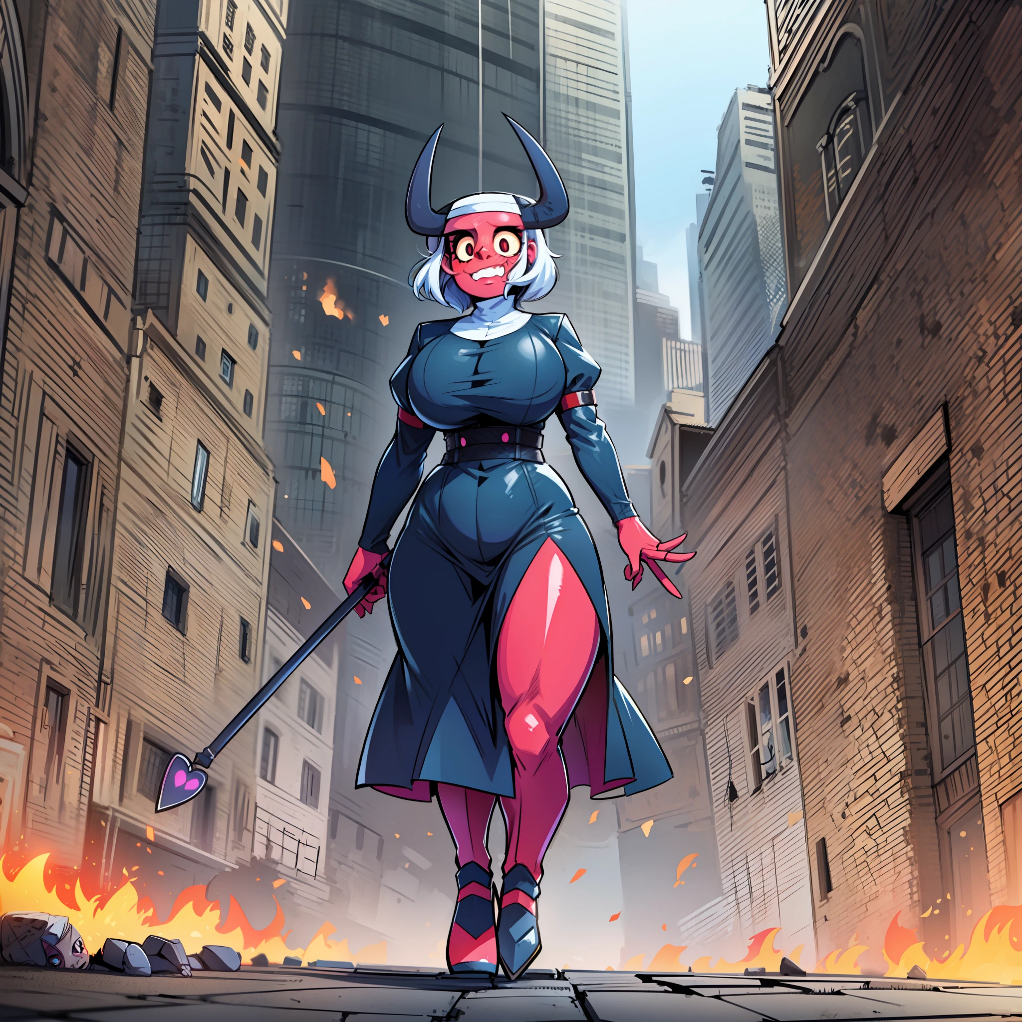 nun, demon girl, walking, bimbo, warpriesstes, fire hammer, silver hair, short hair