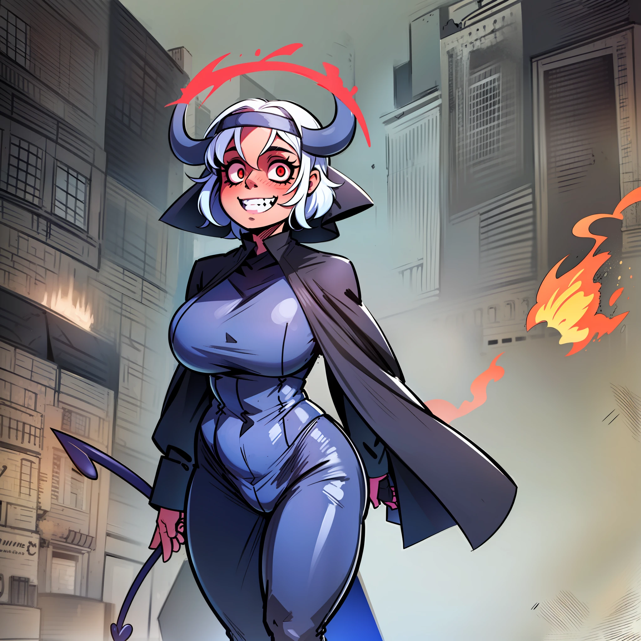 nun, demon girl, walking, bimbo, warpriesstes, fire hammer, silver hair, short hair