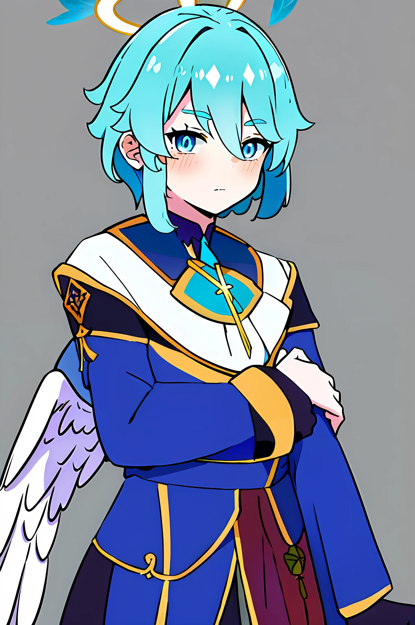 chibi, (best quality, masterpiece), young male, a man, blush, full_body, looking_at_viewer, off_shoulder, simple_background, solo, standing, white_background, (((best quality))),angel boy, feathers on the hair, angel wings, withe wings,male angel, curly short hair,hair on eyes, colorfull hair, aqua eyes, blue color palette, fantasy, genshin impact, magic crosier, flat chest, leather corset, halo, catholic priest