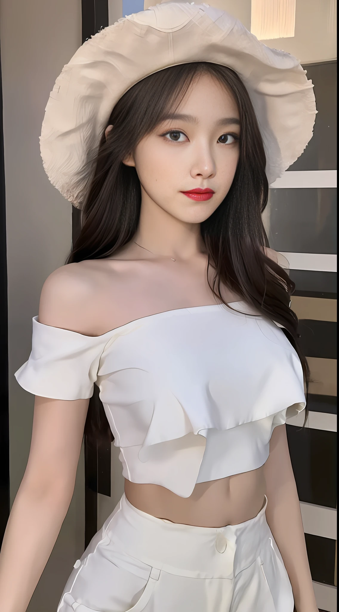 ((Best Quality, 8K, Masterpiece: 1.3)), (Flower Cap: 1.3), Focus: 1.2, Perfect Body Beauty: 1.4, Buttocks: 1.2, (Layered Haircut: 1.2)), (Dark Street: 1.3), Highly Detailed Face and Skin Texture, Full Body, Delicate Eyes, Double Eyelids, Whitened Skin, Long Hair, (Round Face: 1.5), (Loose Crop Top, Shorts: 1.6)