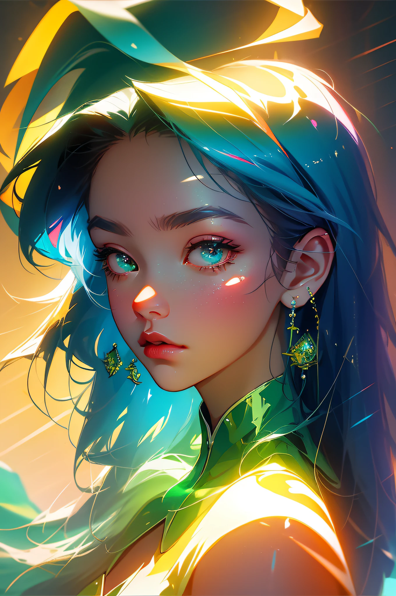 Perfect masterpiece, highest quality, 8K HD wallpaper, upper body lens, (front portrait: 1.5), delicate face, close-up of face, woman (blue green dragon: 1.2), strange glowing transparent eyes, magic transparent eyes, star eyes, cyan blue long hair, (dragon horn swear: 1.5), holographic phantom Chinese dragon background, digital art, flat illustration, color illustration, minimalist style.