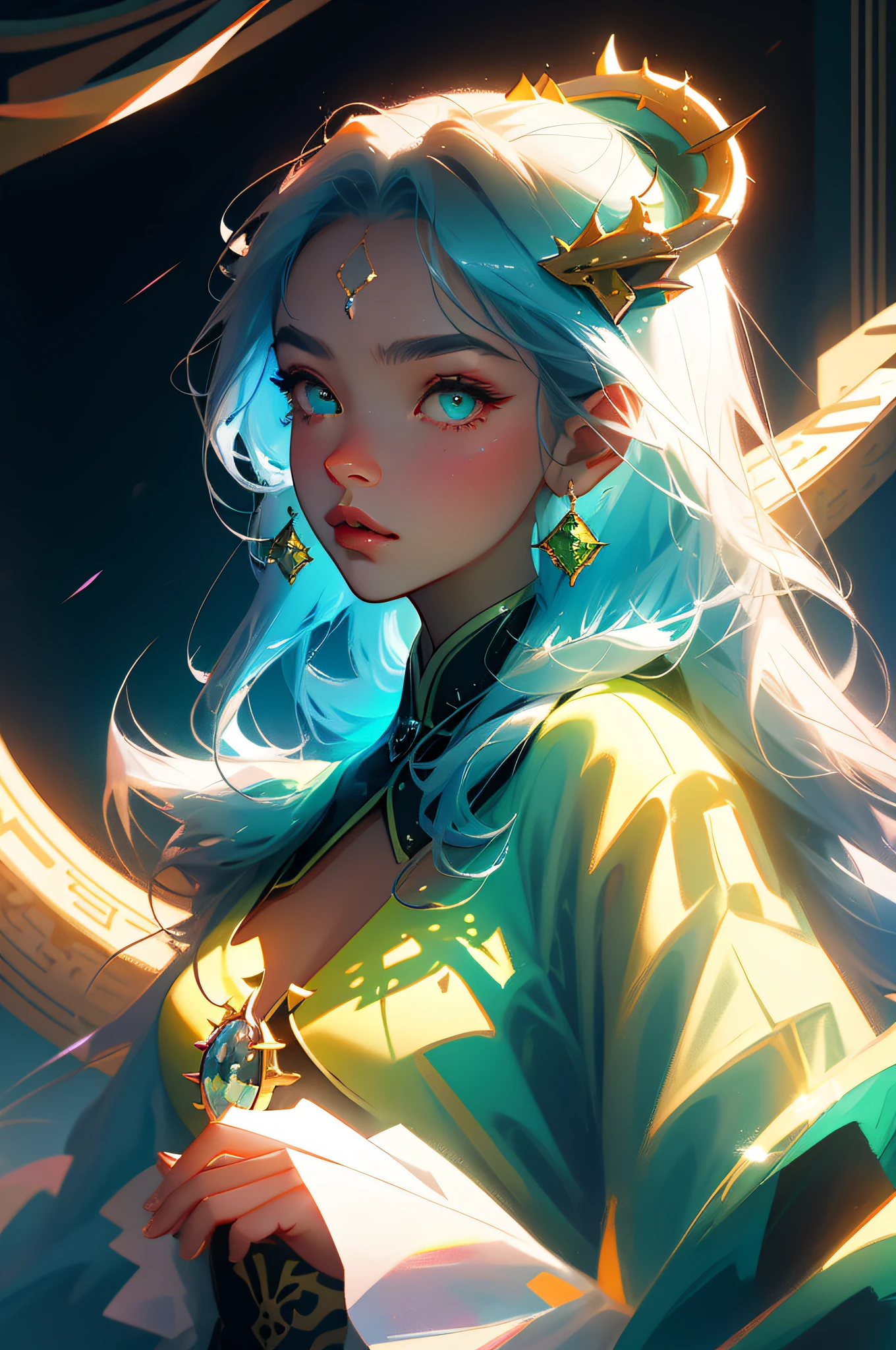 Perfect masterpiece, highest quality, 8K HD wallpaper, upper body lens, (front portrait: 1.5), delicate face, close-up of face, woman (blue green dragon: 1.2), strange glowing transparent eyes, magic transparent eyes, star eyes, cyan blue long hair, (dragon horn swear: 1.5), holographic phantom Chinese dragon background, digital art, flat illustration, color illustration, minimalist style.