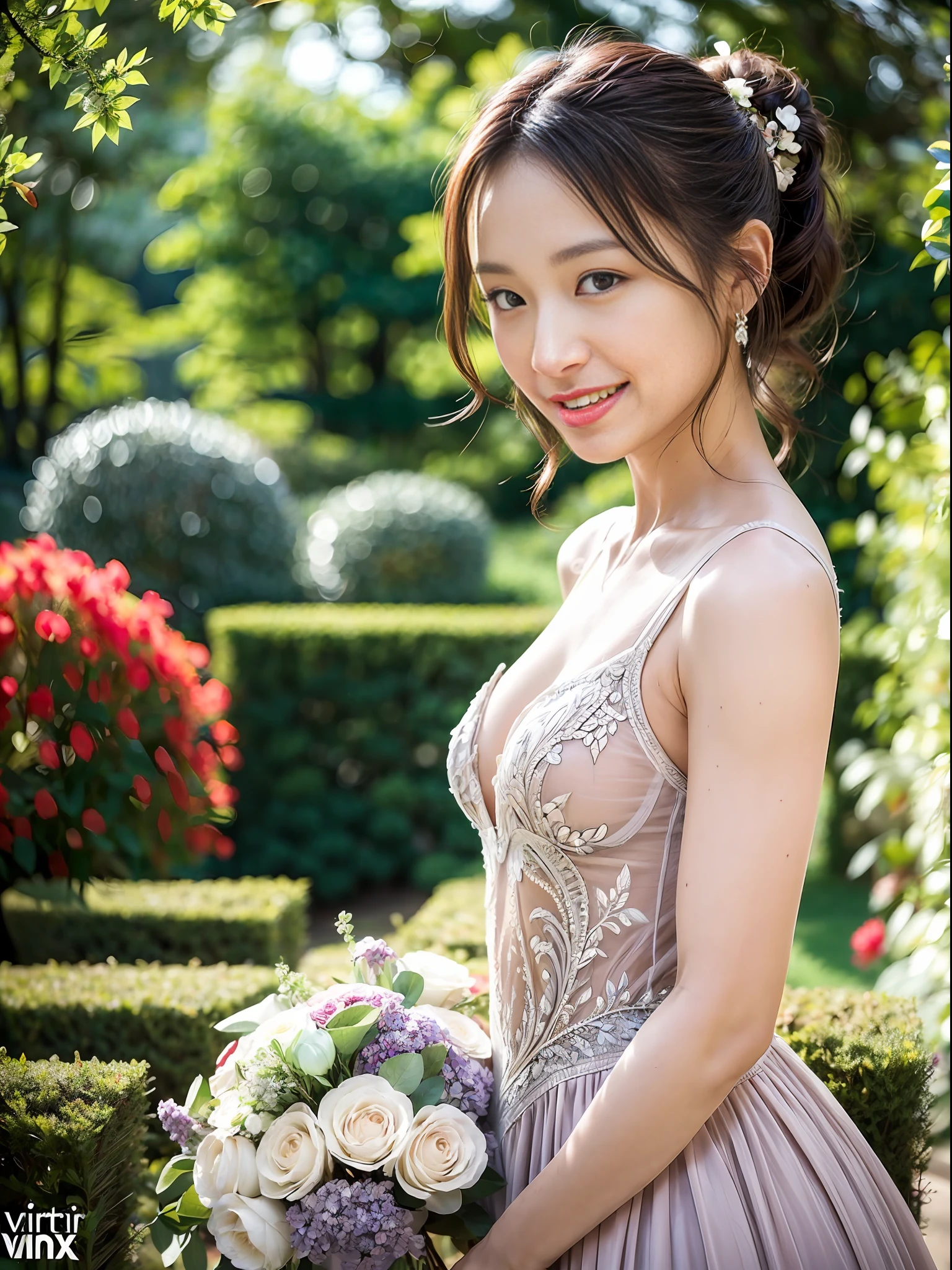 (masterpiece), (intricate details), (photorealistic:1.3), (film grain:1.3), (perfect anatomy:1.3), [:(intricate details), (detailed skin), (detailed face):0.2],, 1girl, small breasts, smile, tan, short hair, ponytail, (forehead exposed:1.2), fine wrinkles, pores, complexion, Korean, K-pop idol, , wedding dress, wedding veil, smile, vibrant wedding hall, outdoor, variety of flowers, (English garden:1.3),  
cowboy shot,