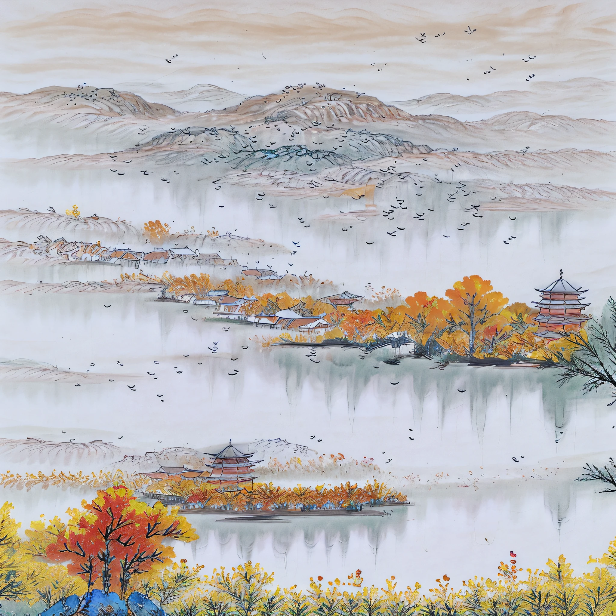 ((materpiece)), ((best quality)), ((high-res)), ((Ink wash)), ((artist)), ((extremly details)), a chiniese tower, autumn, golden trees, autumn_leaves, birds chinese painting, leaf, maple_leaf, mountain, lake, mountainous_horizon, no_humans, outdoors, scenery, sky, sunset, tree, zulishisong_style_willow_tree, blurred distant scenery,