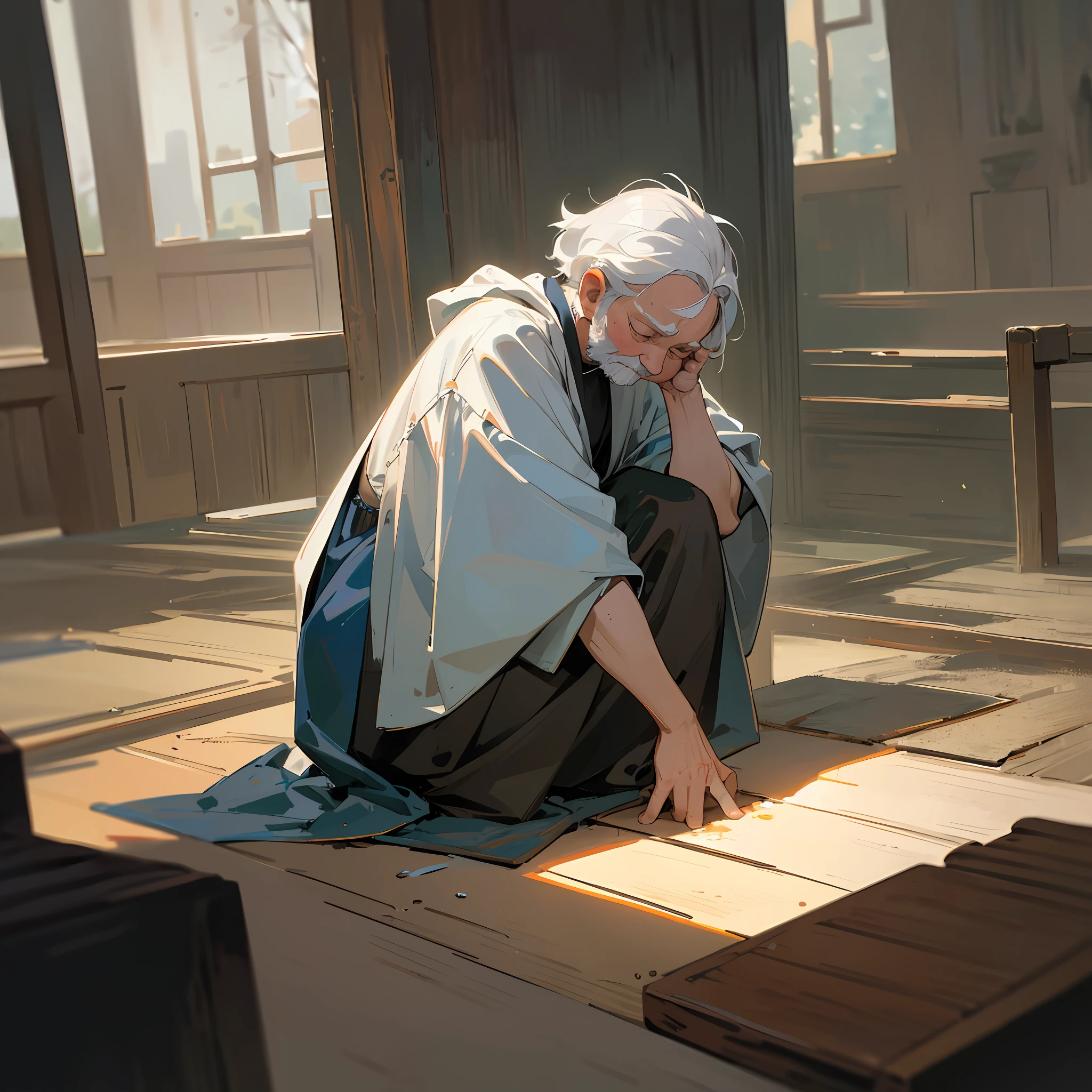 masterpiece,official art ,8k, masterpiece, best quality,highly detailed,:old man:1.2 kneeling on floorboards:1 , hands shaking with effort:1, desperation :1, worry for future etched on face:1, bedridden wife watching nearby:0.8, humble dwelling :0.8, sparse furnishings :0.8, candle on upturned  crate:0.8, dust motes floating in air:0.8, bowing his gray head in supplication:0.8, praying for mercy and protection from unseen forces:0.8, tattered clothes:0.8, weariness in every line of his being:0.8