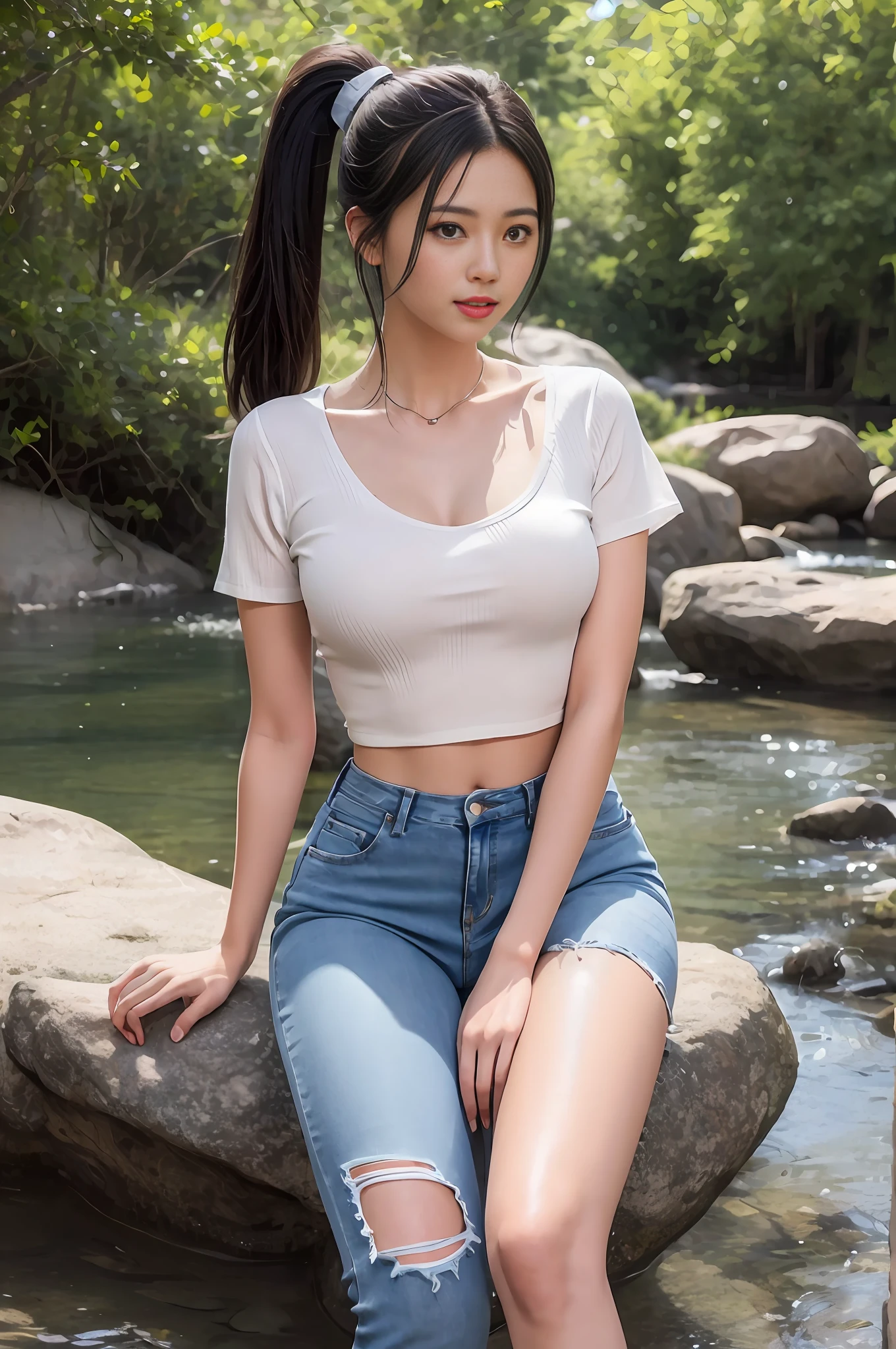 Realistic, photorealistic, 16k HD, masterpiece: 1.5, Focus: 1.8, Allard asian woman in crop top tight long jeans and sheer short sleeves, background: 1.5 (foot of the mountain, by the stream, dating), cute schoolgirl with slim and perfect figure, ( Stylish high ponytail hairstyle: 1.5), Japanese 18 year old girl wearing long skinny jeans, wearing ripped tight long jeans (low waist crop top, micro-flared, long trousers: 1.5), (ripped : 0.6), (branded jeans: 1.5, realistically detailed jeans texture and stripes: 0.8, realistically detailed jeans graininess: 0.8), wearing stylish sheer tight short sleeves (brand: 1.5, slim, realistic perspective: 1.5, revealing breasts and areola: 1.5), wearing stiletto heel sandals (delicate stiletto heels crystal band sandals, high quality: 1.2), surreal schoolgirl, dressed as schoolgirl, surreal schoolgirl, realistic schoolgirl, walking, schoolgirl posing, model pose, sitting dating, Shooting full body ((Full body: 1.8)), beautiful skin, glowing skin, slim beautiful thighs, perfect thighs, perfect calves, white and tender toes, beautiful breasts: 1.5, beautiful breasts: 1.5, beautiful buttocks: 1.5, best quality, white skin, real skin, (detailed face), goose egg face, pores, super high resolution, (8k, RAW photo, photorealistic:1.4), 1girl, slim, (smile, Bared teeth and tongue: 1.2, looking at the viewer with a serene goddess-like look happiness: 1.2), ( lip gloss, eyelashes, glossy face, best quality, ultra-high resolution, wide lighting, natural shadows), sitting, dating, shooting full body: 1.8 --auto --s2