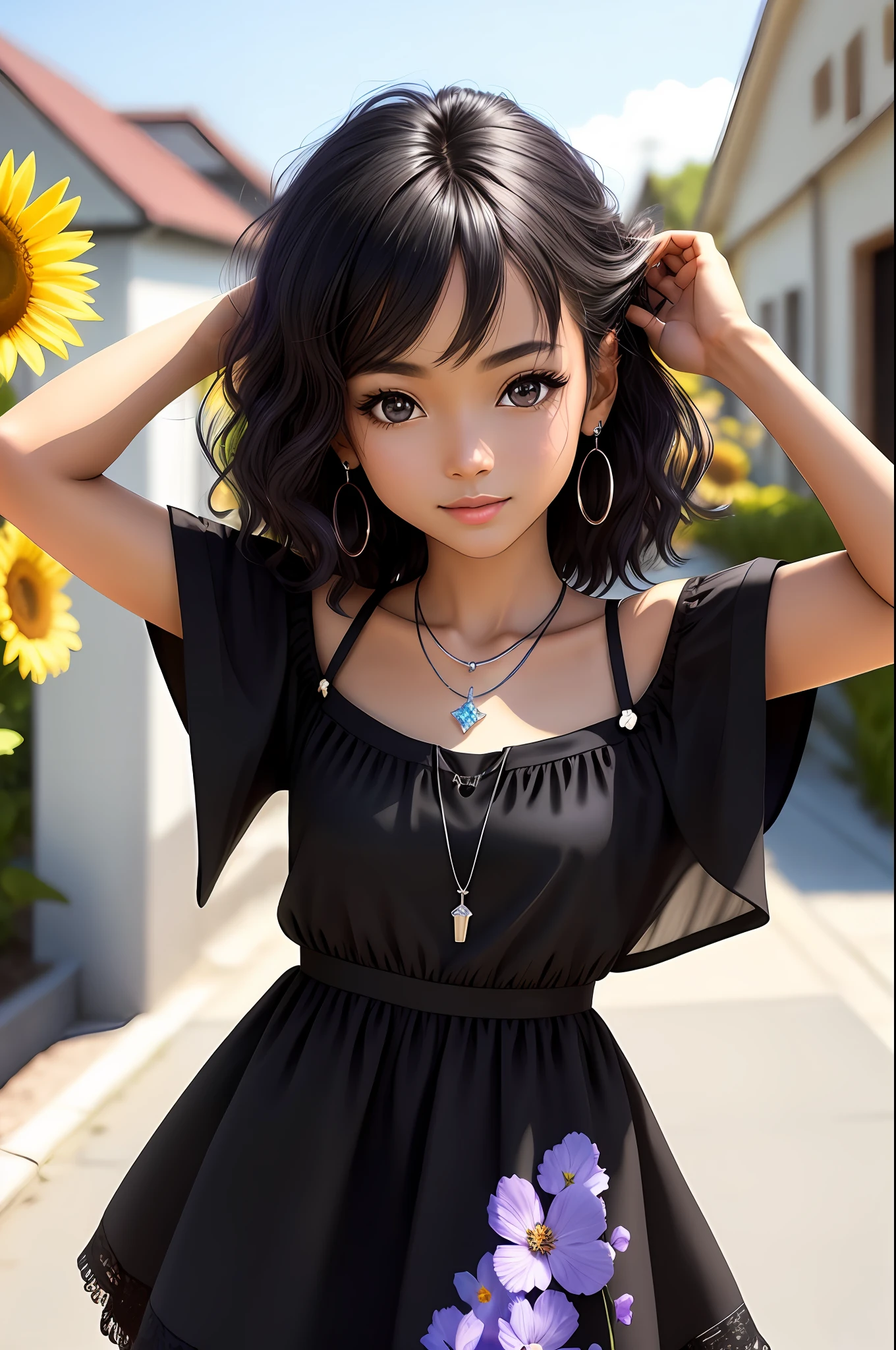 masterpiece, best quality, realistic, real, temptation light smile, best quality, beautiful black and white ((a mix race)), (young 1girl), (detailed cute face+eyes), aqua iris, detailed short black medium hair, real hair movement, simple purple dress, simple silver necklace, walking on blooming meadow, sunny day, cinematic lighting, photorealistic, sharp focus, wide angle, pov face