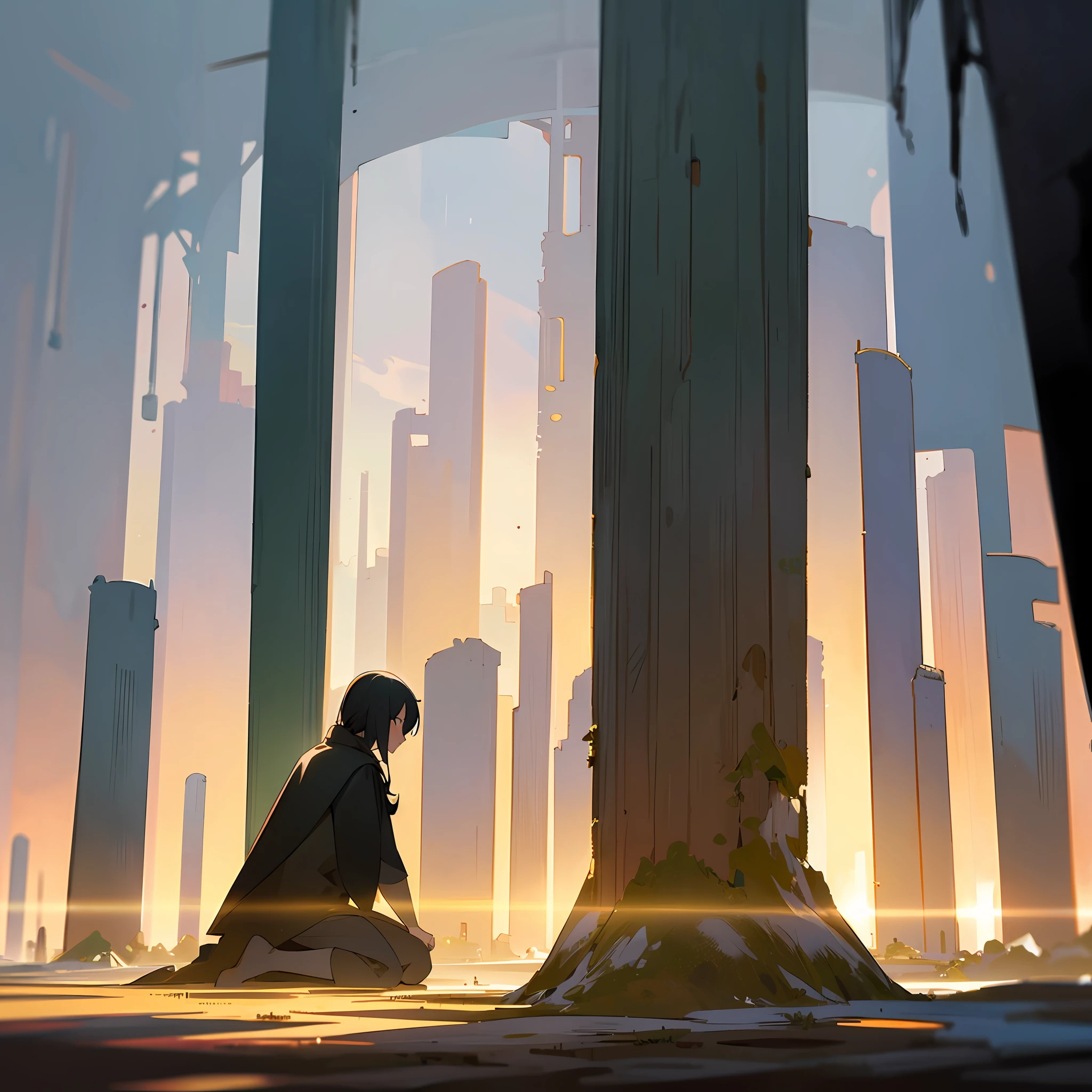 masterpiece,official art,8k,masterpiece,best quality,highly detailed,a silhouette:1.2 of a lone figure:1.2 kneeling:1.2, praying:1.2,  against a backdrop:1 of a village:1, town:1,or city:1, bathed in an eerie:1 green glow:1,crooked shadows:0.8, tall buildings:0.8, homes:0.8 and trees:0.8 emerge mysteriously from the luminous haze:0.8, street  lamps:0.8 shine with a sickly pallor:0.8, cold light filters through windows:0.8, faces peering out:0.8 with resignation:0.8, as the figure beseeches:0.8 some unseen god:0.8 for deliverance from the ominous radiance:0.8 that has encompassed their world:0.8