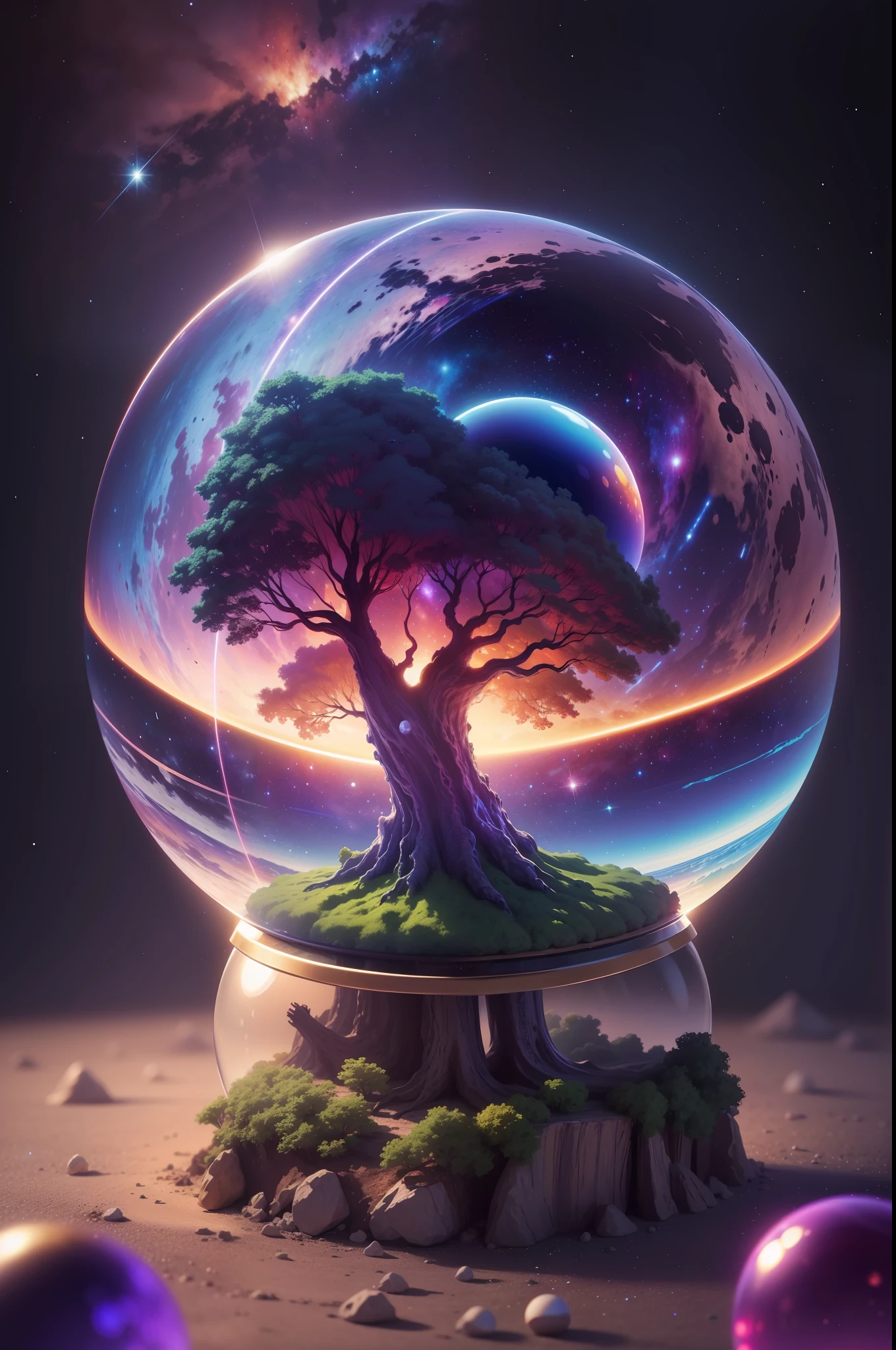 mini\(ttp\), (8k, RAW photo, best quality, masterpiece:1.2), colorful background, clean background, depth of field, galactic tree, cosmic tree, worlds connected to tree, heavenly tree, miniature, isometric, in Crystal ball,