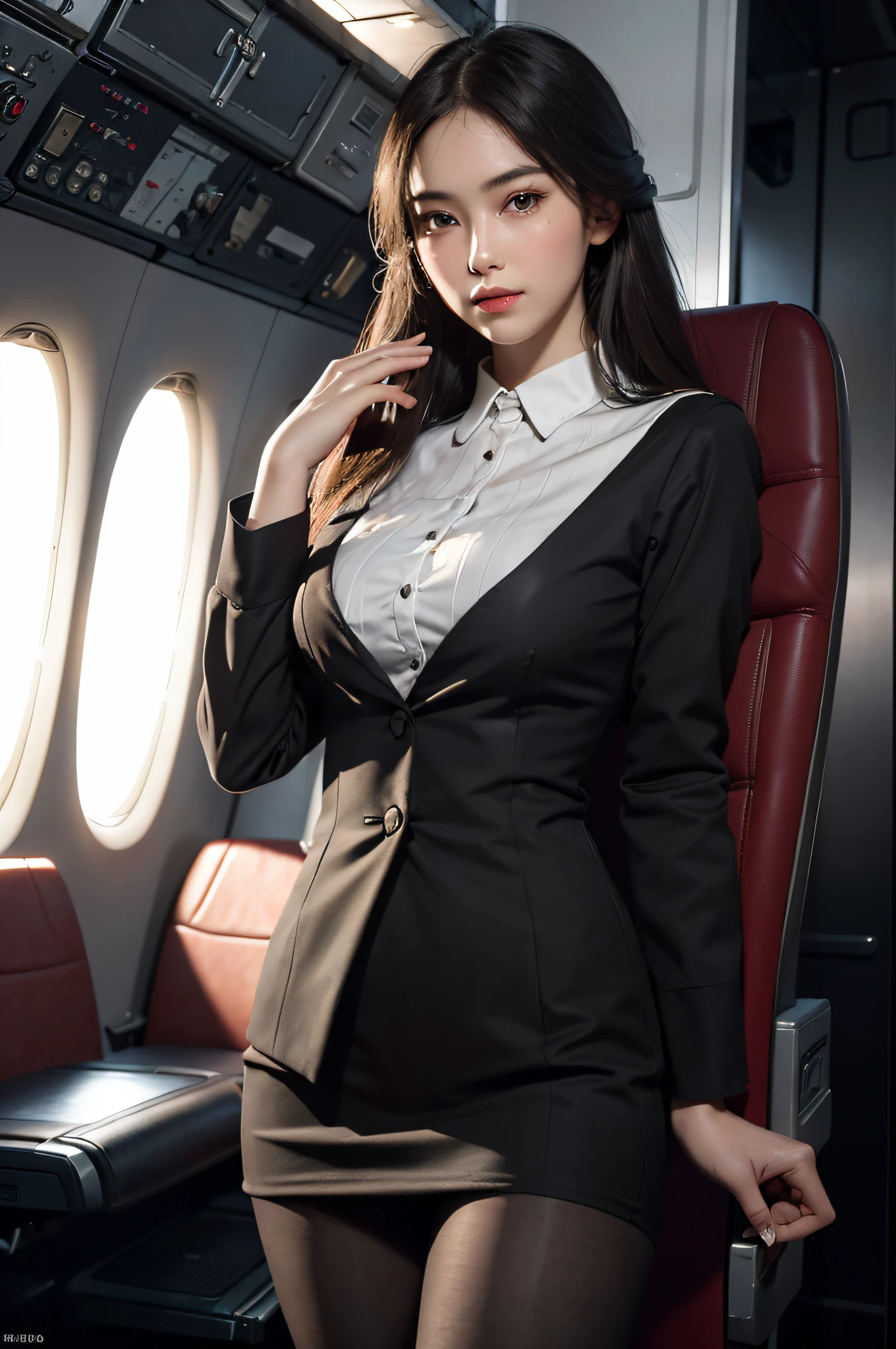 best quality, masterpiece, 8k, ultra high res, (photorealistic:1.4), highly detailed, intricate detail, delicate and beautiful, good lighting, professional lighting, sharp focus, detailed shadows, exquisite details and textures, depth of field, unity 8k wallpaper, cinematic composition, cinematic lighting, official art, Cabin Crew, flight attendant, black pantyhose, (aircraft, (Aircraft Corridor), Aircraft seats) beautiful elegant face, detailed face, detailed eyes, realistic hair, long hair, (1girl), (standing:1.3),