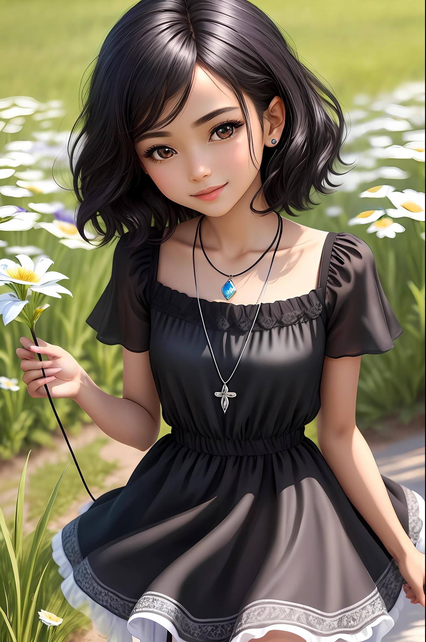 masterpiece, best quality, realistic, real, temptation light smile, best quality, beautiful black and white ((a mix race)),  (young 1girl), (detailed cute face+eyes), aqua iris, detailed short black medium hair, real hair movement, simple purple dress, simple silver necklace, walking on blooming meadow, sunny day, cinematic lighting, photorealistic, sharp focus, wide angle, pov face