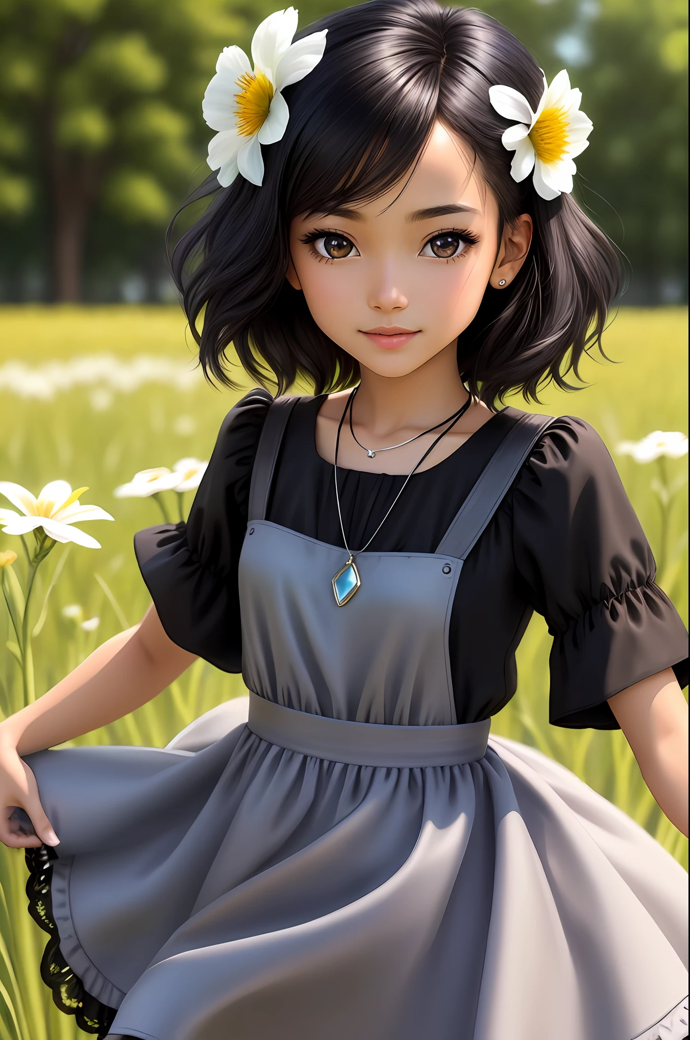 masterpiece, best quality, realistic, real, temptation light smile, best quality, beautiful black and white ((a mix race)), (young 1girl), (detailed cute face+eyes), aqua iris, detailed short black medium hair, real hair movement, simple purple dress, simple silver necklace, walking on blooming meadow, sunny day, cinematic lighting, photorealistic, sharp focus, wide angle, pov face