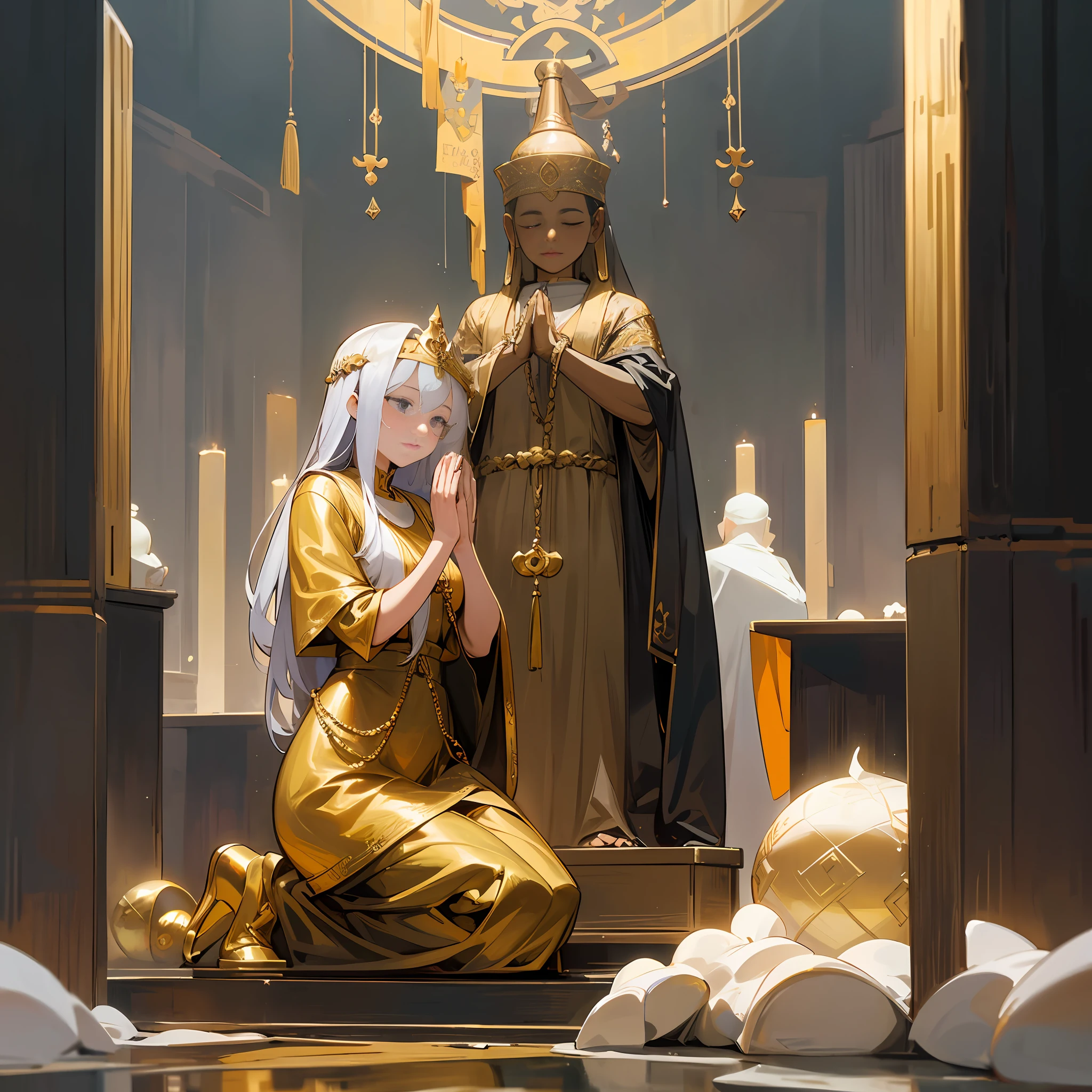masterpiece ,official art,8k ,masterpiece,best quality,highly detailed, figures:1.2 of various faiths :1.2 kneeling :1.2 in prayer :1.2 ,a Muslim woman faces Mecca:1, a Hindu folds hands to Shiva:1,a Christian kneels at a Crucifix:1, a Buddhist bows to a gold Buddha :1 statue:0.8, people crowd places of worship:0.8, cluttering altars and shrines:0.8 , household idols are brought out:0.8 , prayers uttered in every language:0.8 as the instructions emanating :0.8 from the glow decree :0.8 that only devotion :0.8to their old faiths :0.8 can save them from the mutating light :0.8
