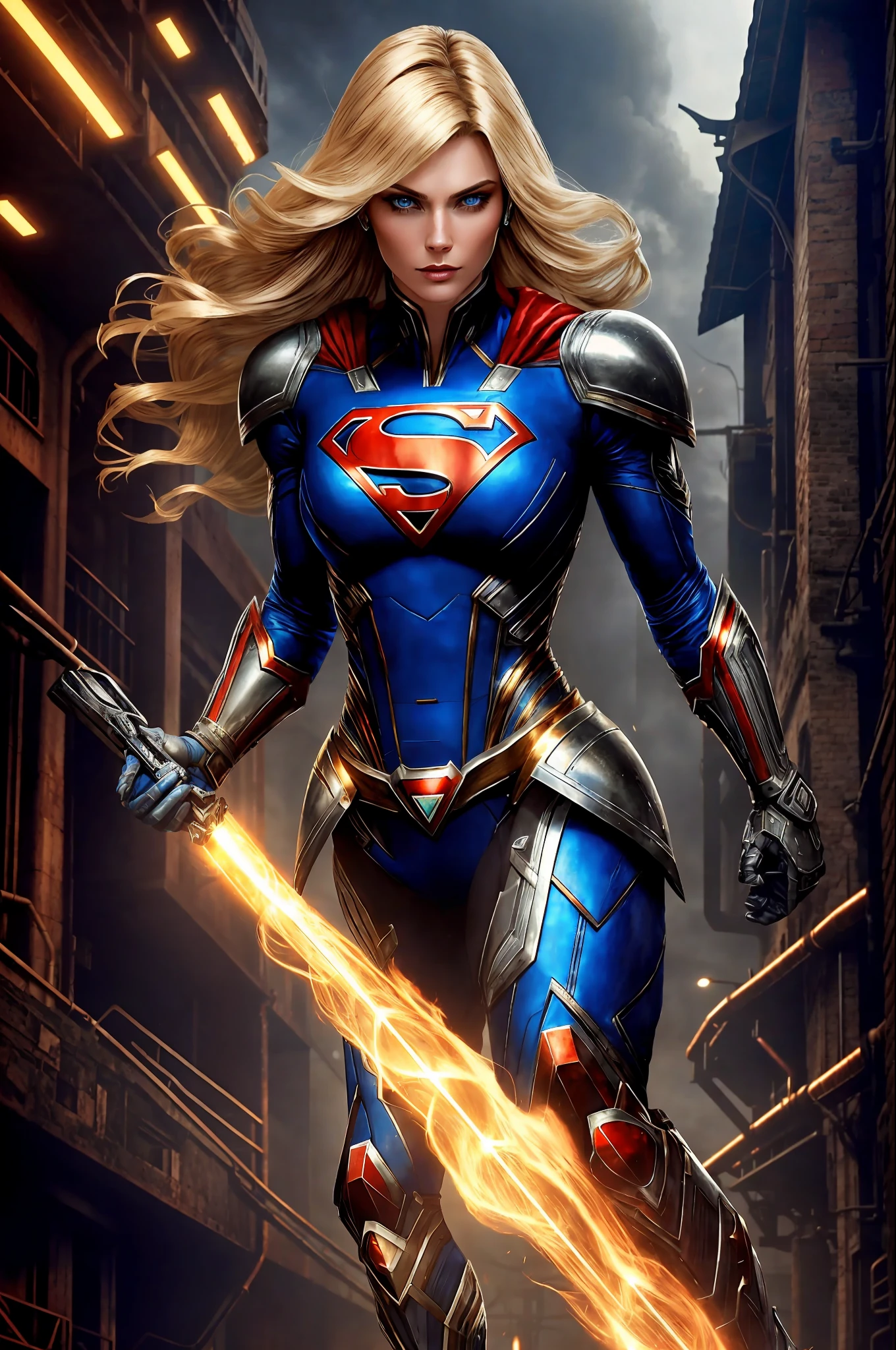 a beautiful cyborg Supergirl in the style of RustMagic, rise of cyberpunk, cyberware, cyborg, carbon fiber, chrome, implants, metal skull, cybernetic plate armor, (dark atmosphere: 1.2), (mist and smoke), (dark night: 1.3 ), scars, (shaggy blonde hair of medium length: 1.1), (shadow: 1.1), (beautifully detailed brightness: 1.2), (cinematic lighting), intricate details, highres, blue rounded eyes, detailed facial features,  Sharp focus, smooth, aesthetic, detailed dark industrial factory background, elegant pose, dynamic pose, (dramapaint), (opt-6000: 0.9)