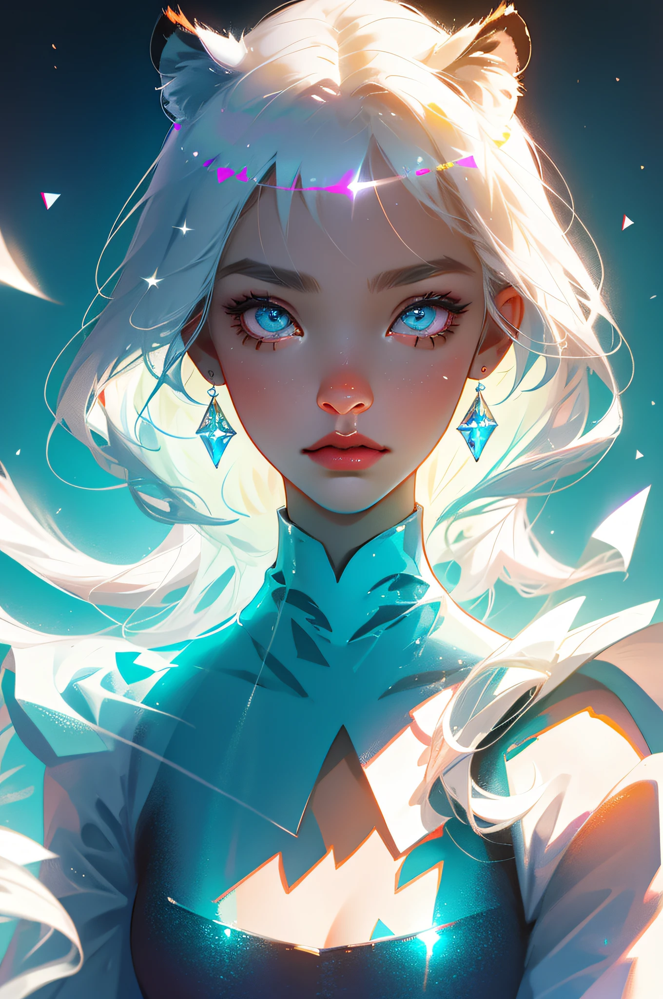 Perfect masterpiece, highest image quality, perfect picture quality, 8K, upper body lens, (front portrait: 1.5), delicate face, face close-up, woman (white tiger: 1.2), bizarre luminous transparent eyes, magic transparent eyes, star eyes, short white hair, holographic phantom white tiger background, digital art, flat illustration, color illustration, minimalist style,
