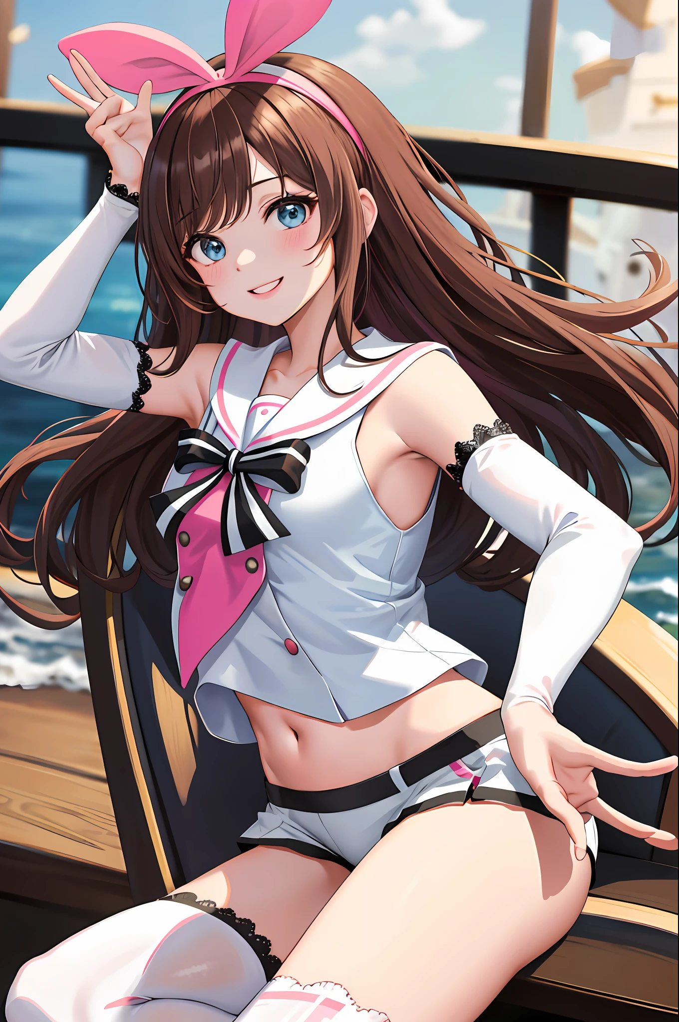 masterpiece, best quality, highres, 1girl, kizuna ai, long hair, brown hair, multicolored hair, short shorts, floating hair, pink hairband, white shorts, detached sleeves, navel, sailor collar, streaked hair, pink hair, blue eyes, white thighhighs, medium breasts, lace-trimmed sleeves, sleeveless shirt, striped, white sailor collar, bowtie, hair bow, swept bangs, white shirt, lace-trimmed legwear, bridge, ocean, (peace_sign:1.1), smile,