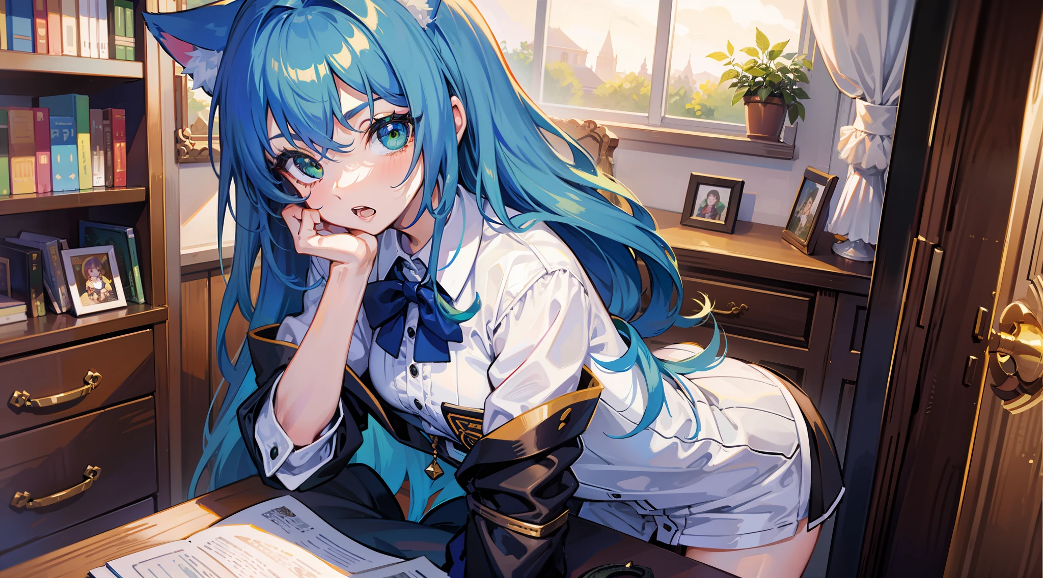 Chat GPT, , girl, emerald green hair, cat ears, bookshelf, thinking gesture, open mouth