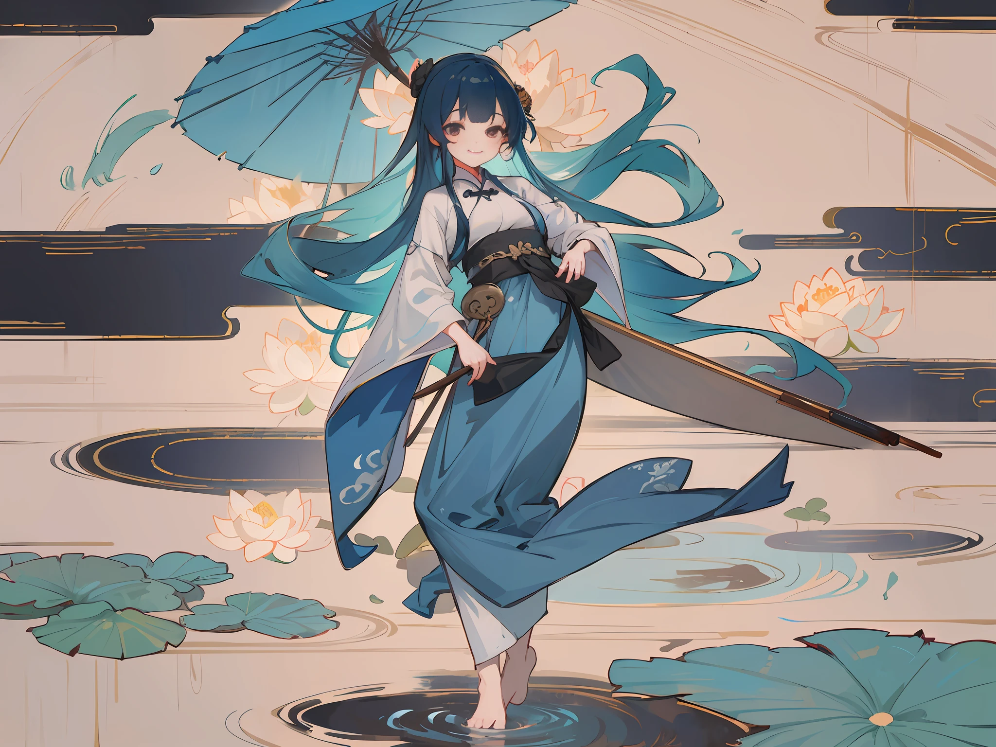 ((4k,masterpiece,best quality)), shuimobysim, traditional chinese ink painting, lotus, hanfu, maxiskit, dress conservatively 1girl, solo, long blue hair, smile, standing, feet in the water, barefoot,