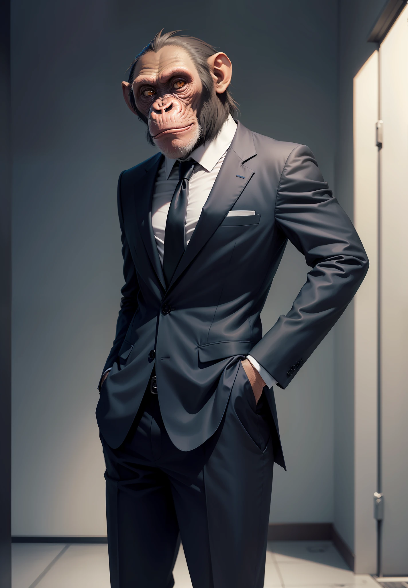 Chimpanzee wearing suit with his hands in his pocket