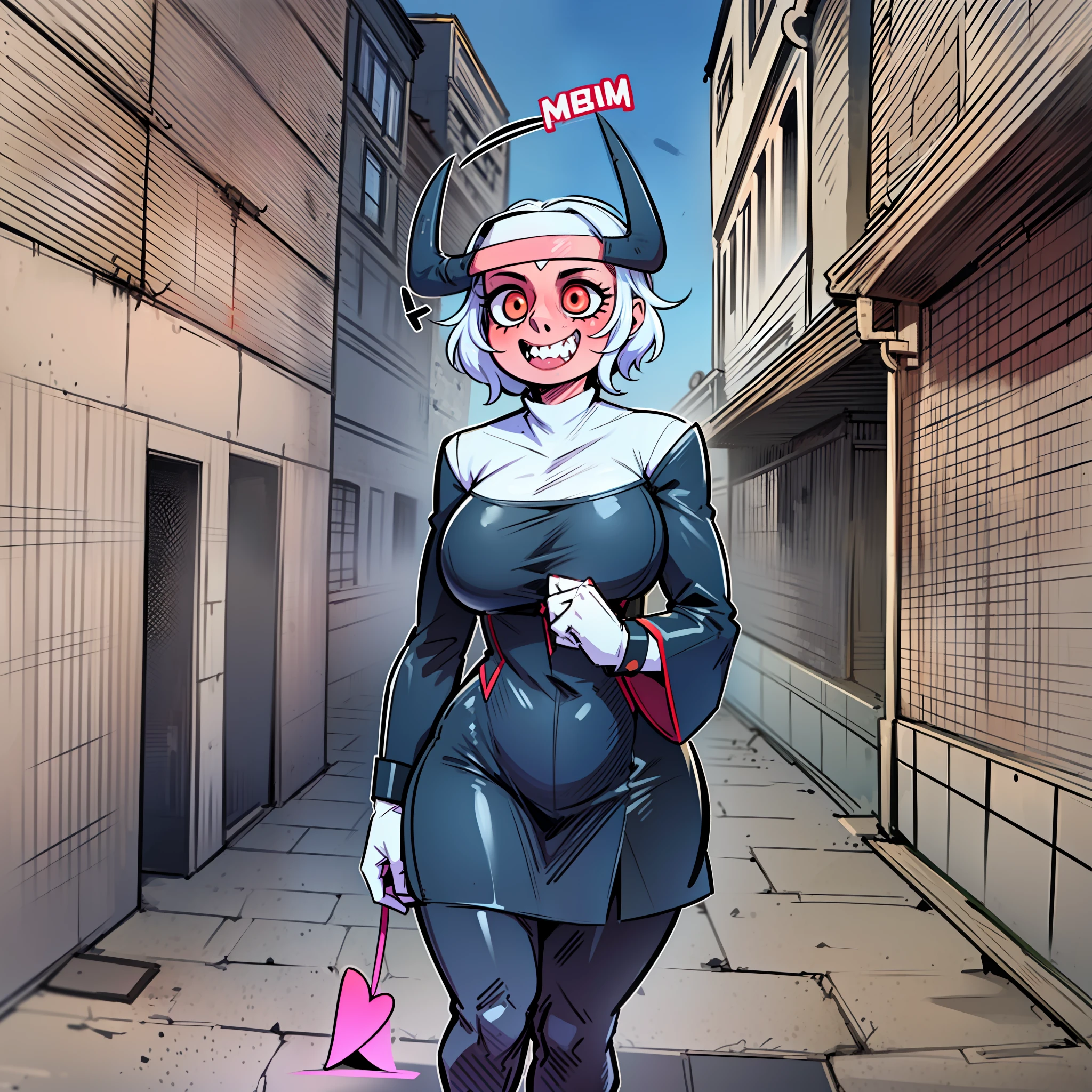 nun, demon girl, walking, bimbo, warpriesstes, fire hammer, silver hair, short hair