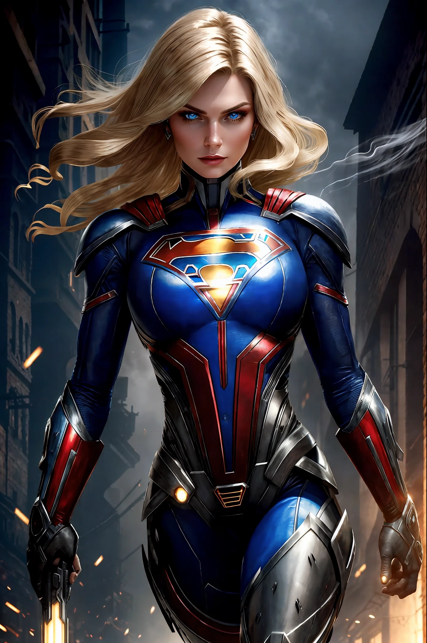 a beautiful cyborg Supergirl in the style of RustMagic, rise of cyberpunk, cyberware, cyborg, carbon fiber, chrome, implants, metal skull, cybernetic plate armor, (dark atmosphere: 1.2), (mist and smoke), (dark night: 1.3 ), scars, (shaggy blonde hair of medium length: 1.1), (shadow: 1.1), (beautifully detailed brightness: 1.2), (cinematic lighting), intricate details, highres, blue rounded eyes, detailed facial features, Sharp focus, smooth, aesthetic, detailed dark industrial factory background, elegant pose, dynamic pose, (dramapaint), (opt-6000: 0.9)